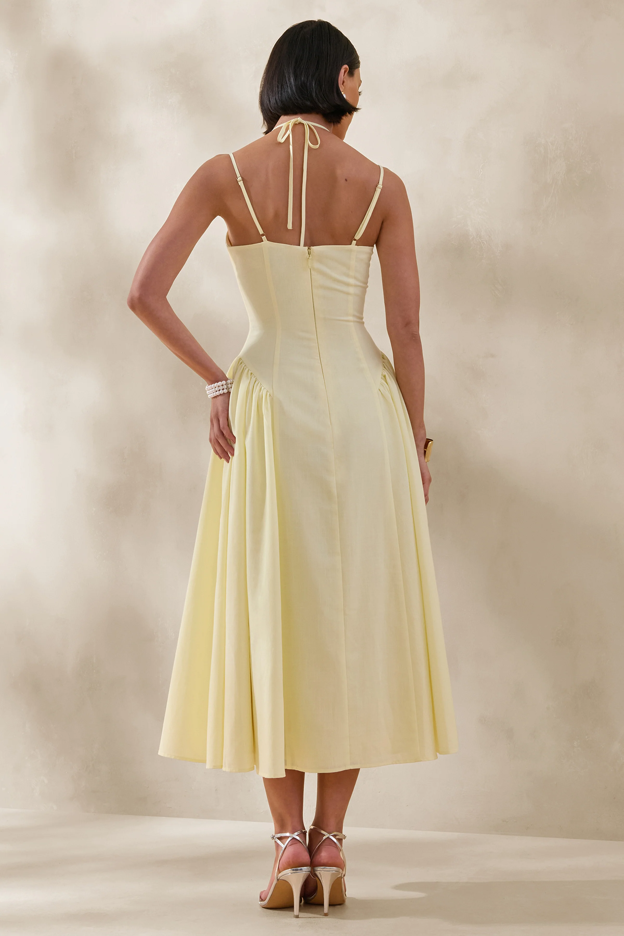 Audrey | Lemon Sweetheart-Neck Midi Dress With Ruching Detail - Image 2