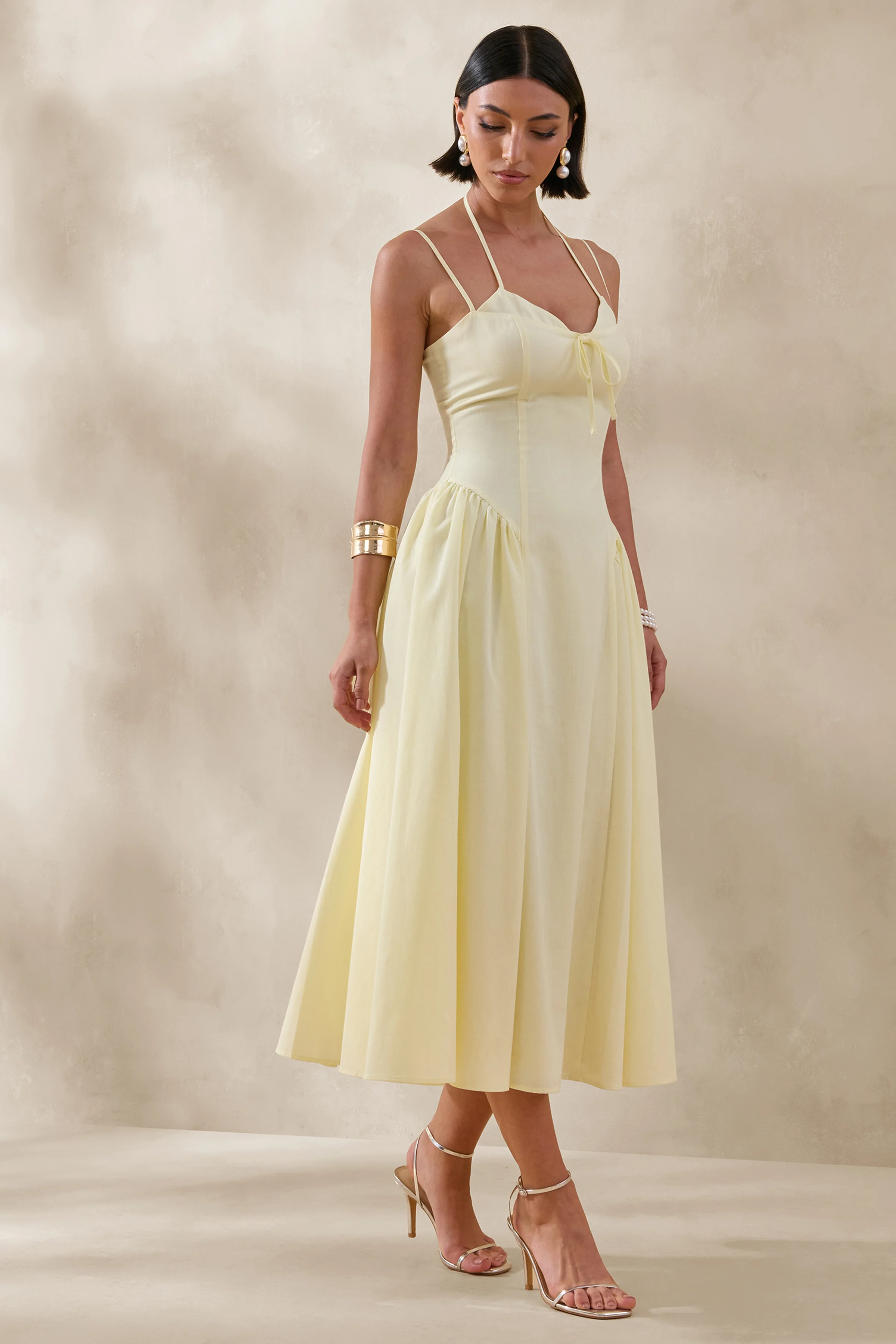Audrey | Lemon Sweetheart-Neck Midi Dress With Ruching Detail - Image 4