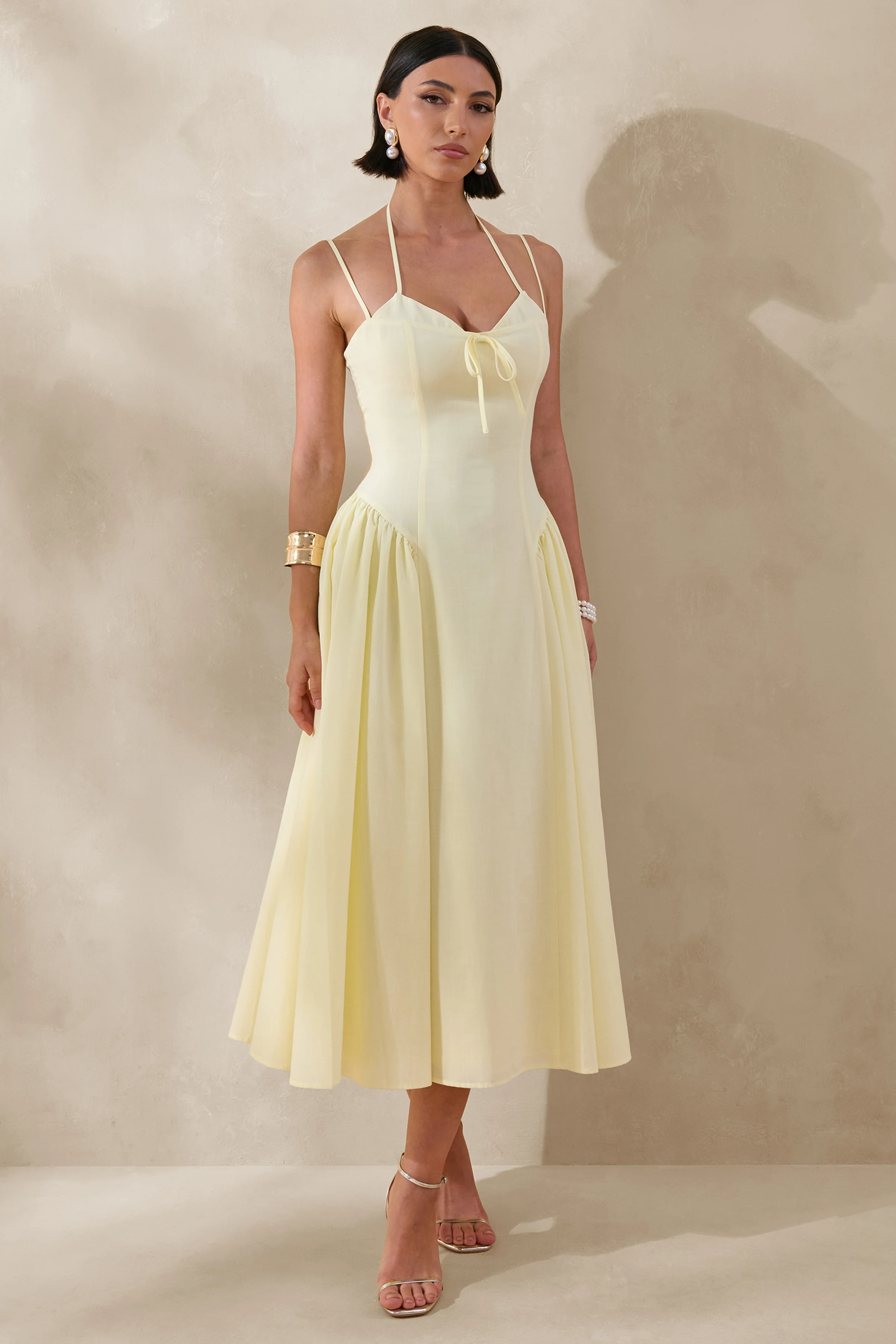 Audrey | Lemon Sweetheart-Neck Midi Dress With Ruching Detail - Image 5