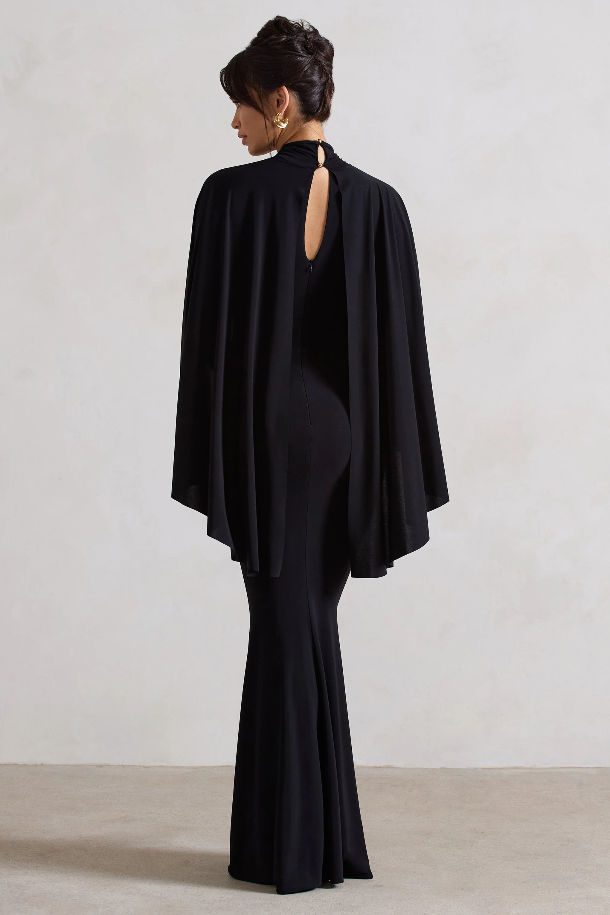 Audrina | Black Ruched Halter-Neck Split Maxi Dress With Cape - Image 2