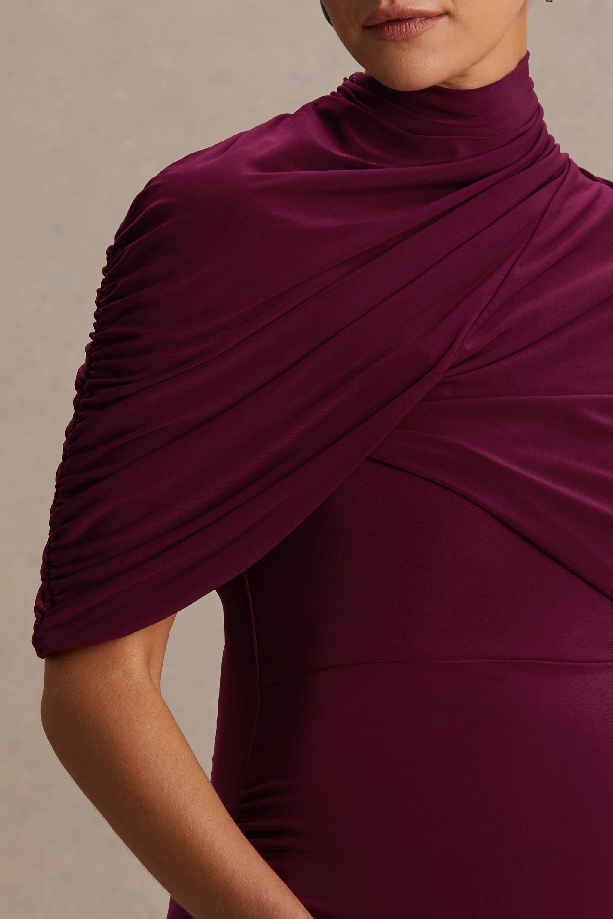 Augustina | Burgundy Maternity Midi Dress With Cape - Image 3
