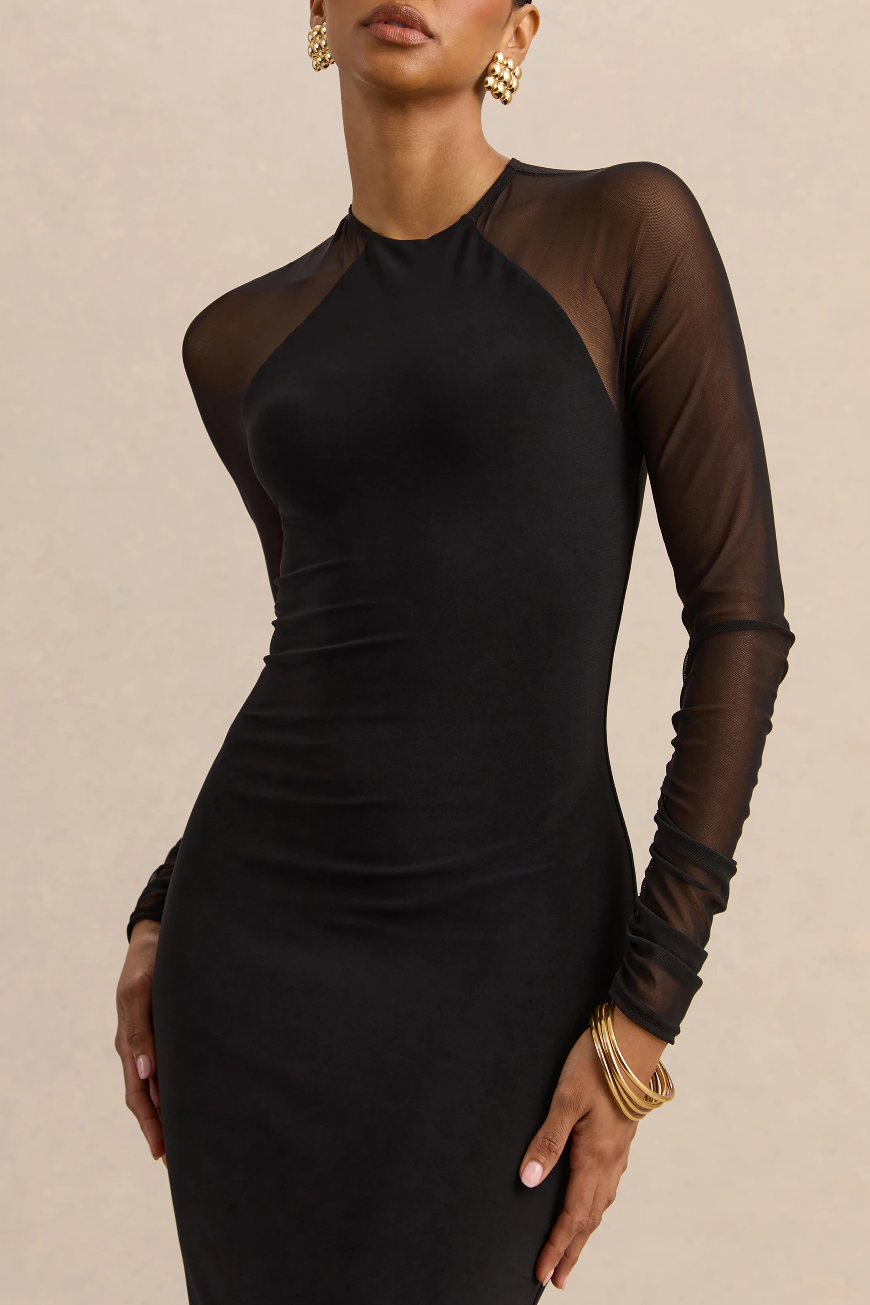Aurevia | Black Crew-Neck Midi Dress With Long Mesh-Sleeves - Image 3
