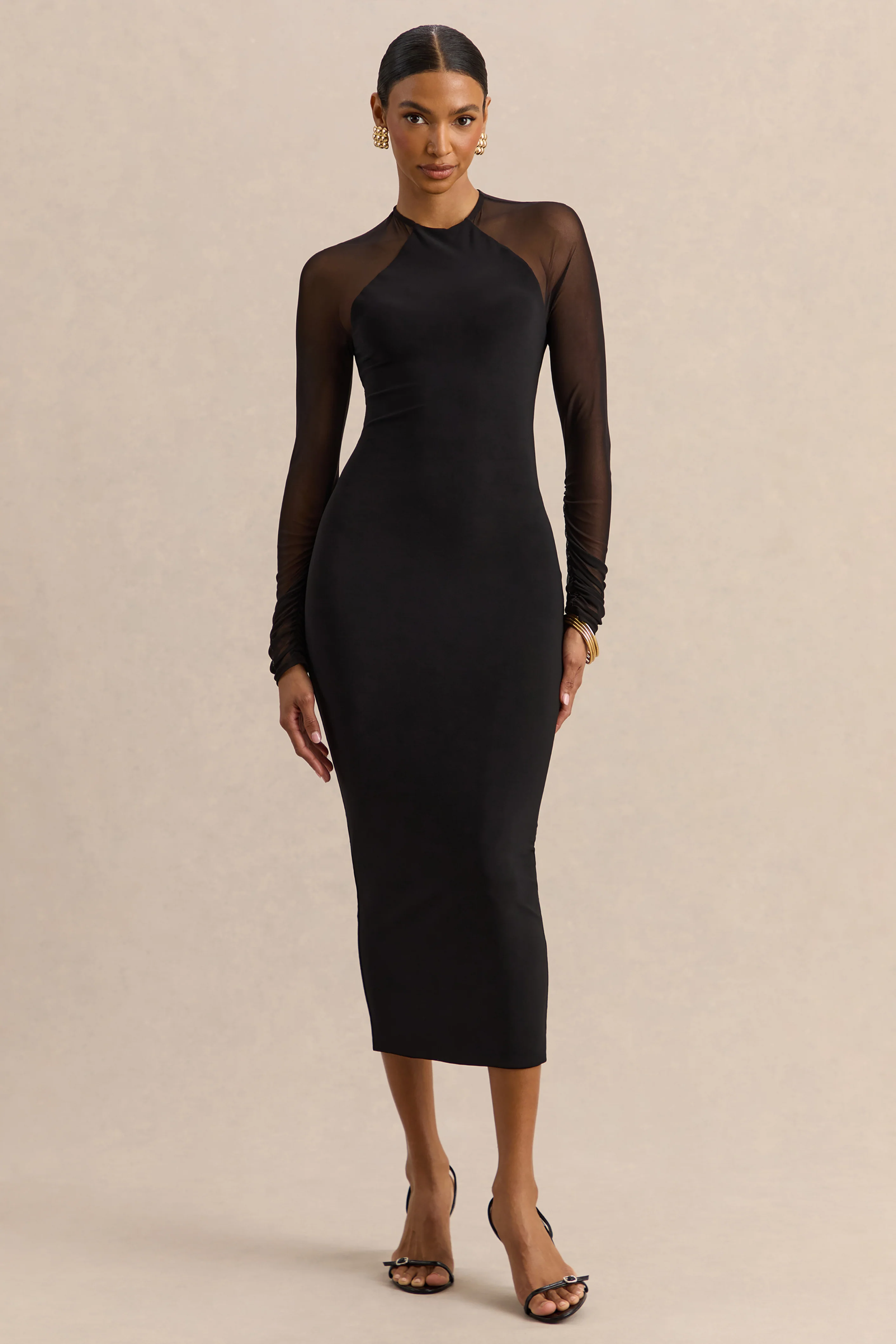 Aurevia | Black Crew-Neck Midi Dress With Long Mesh-Sleeves - Image 4