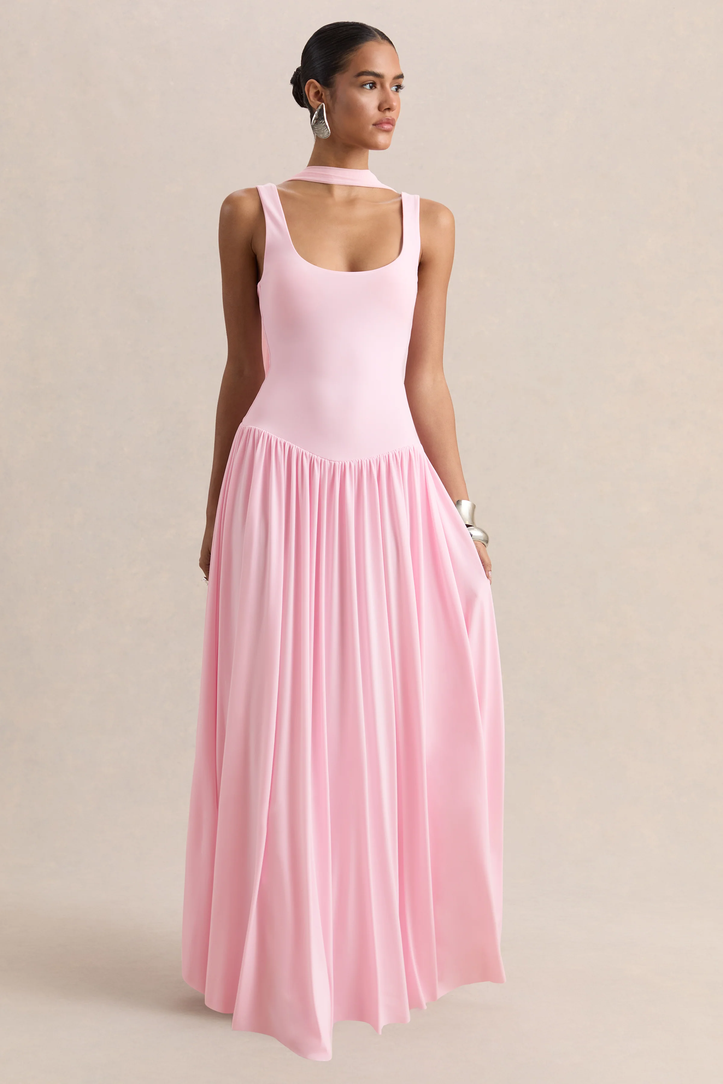 Aurina | Pink Square-Neck Maxi Dress With Cape - Image 4