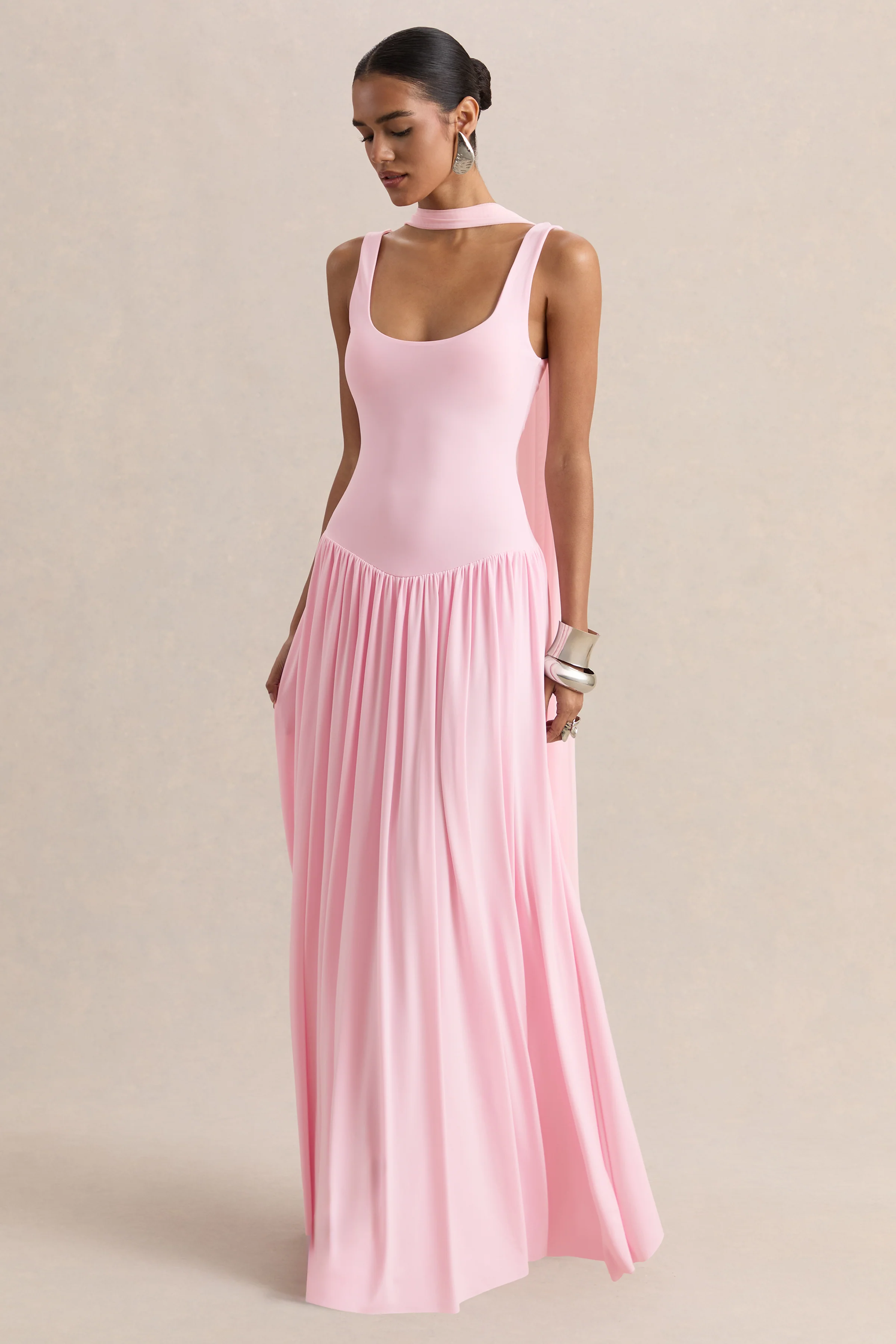 Aurina | Pink Square-Neck Maxi Dress With Cape - Image 5