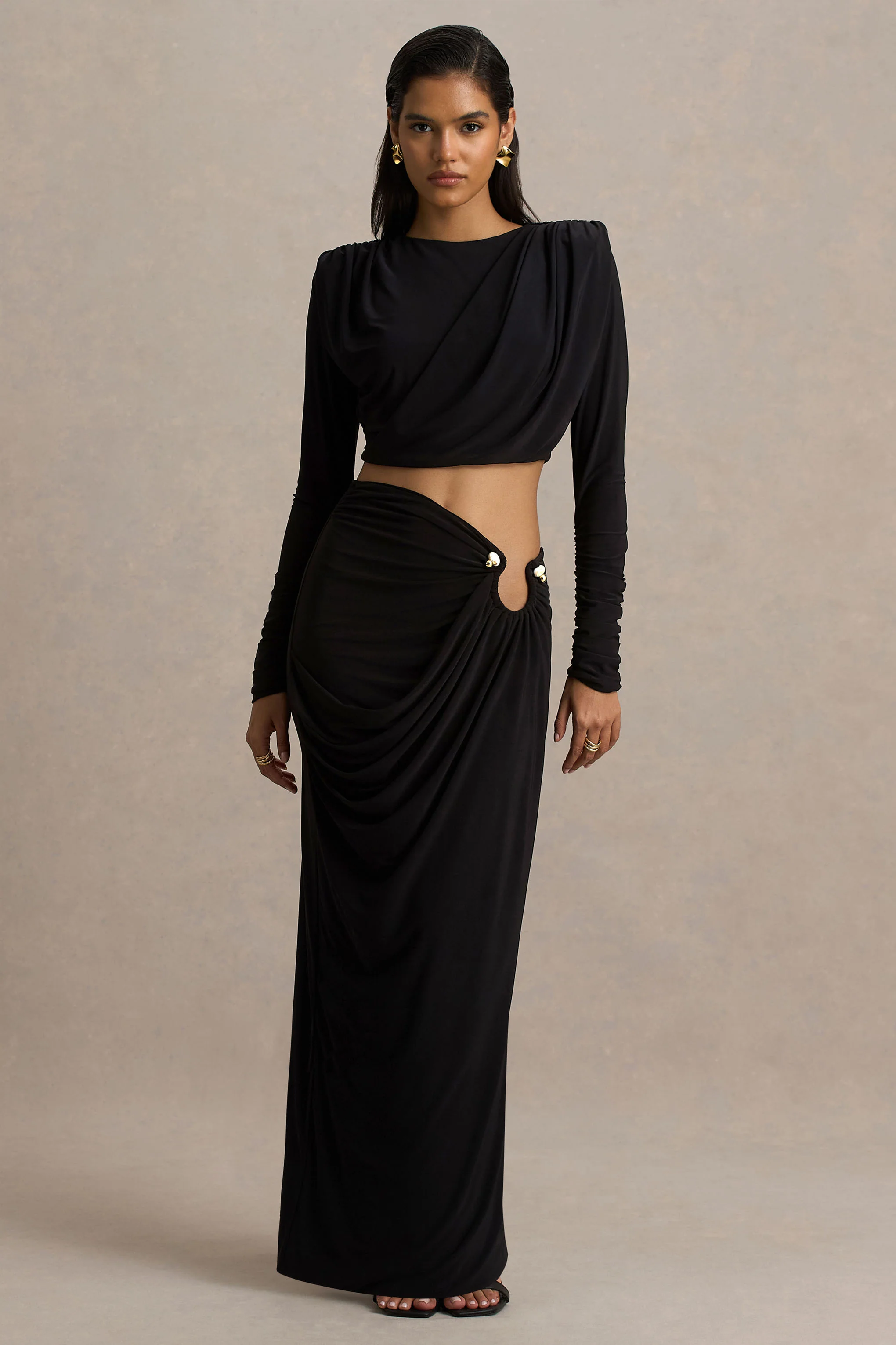 Avaline | Black Wrap Maxi Skirt With Ruched Detailing - Image 5