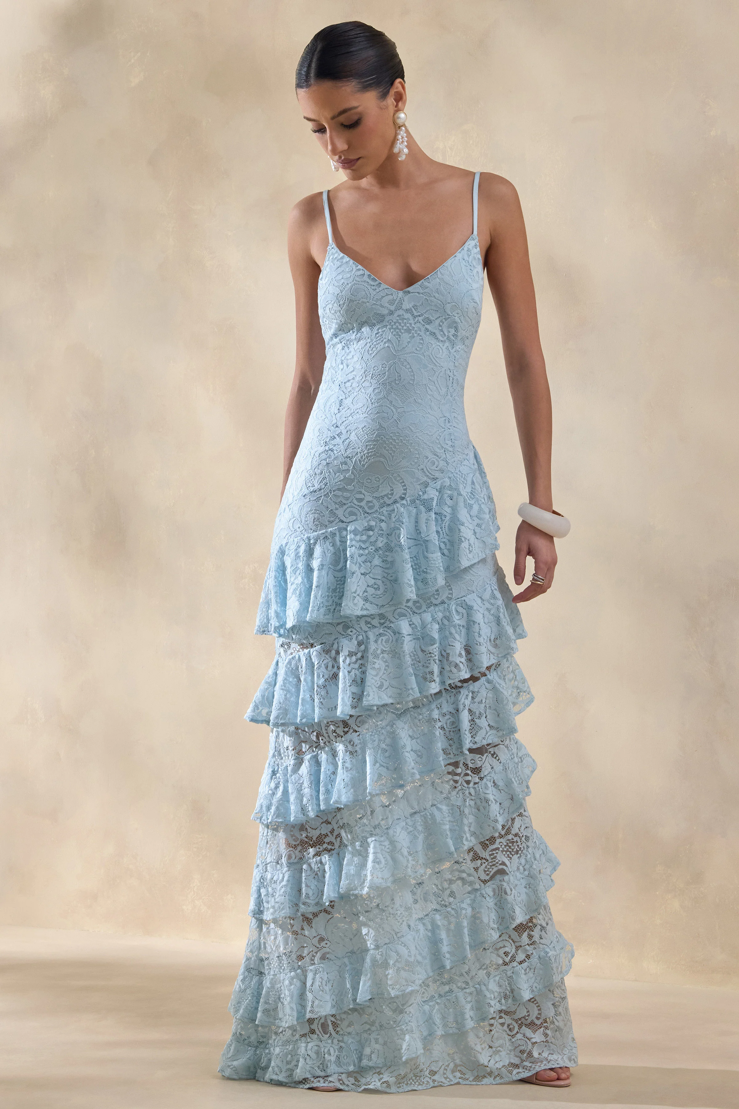 Avelisse | Blue Lace Plunge-Neck Maxi Dress With Ruffled Detailing - Image 5