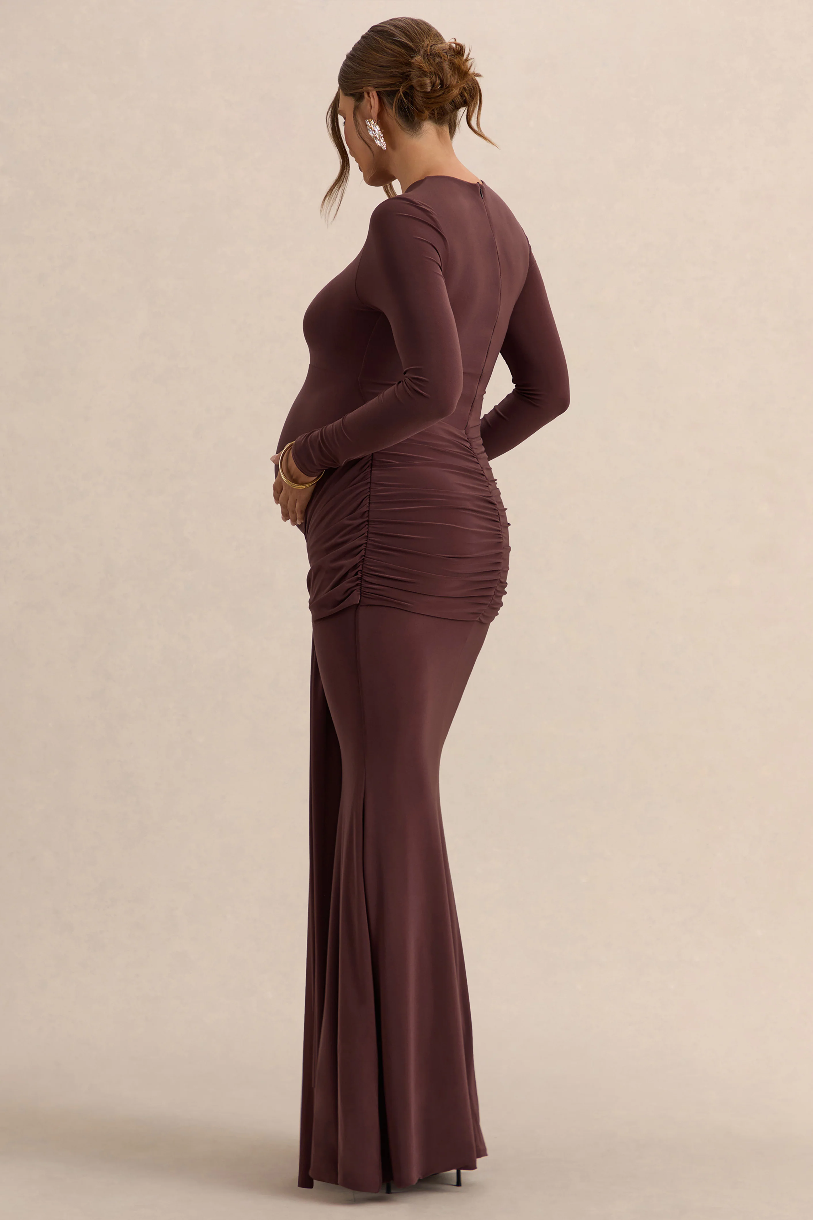 Aveny | Brown Crew-Neck Maternity Maxi Dress With Ruched-Detailing And Sash - Image 2