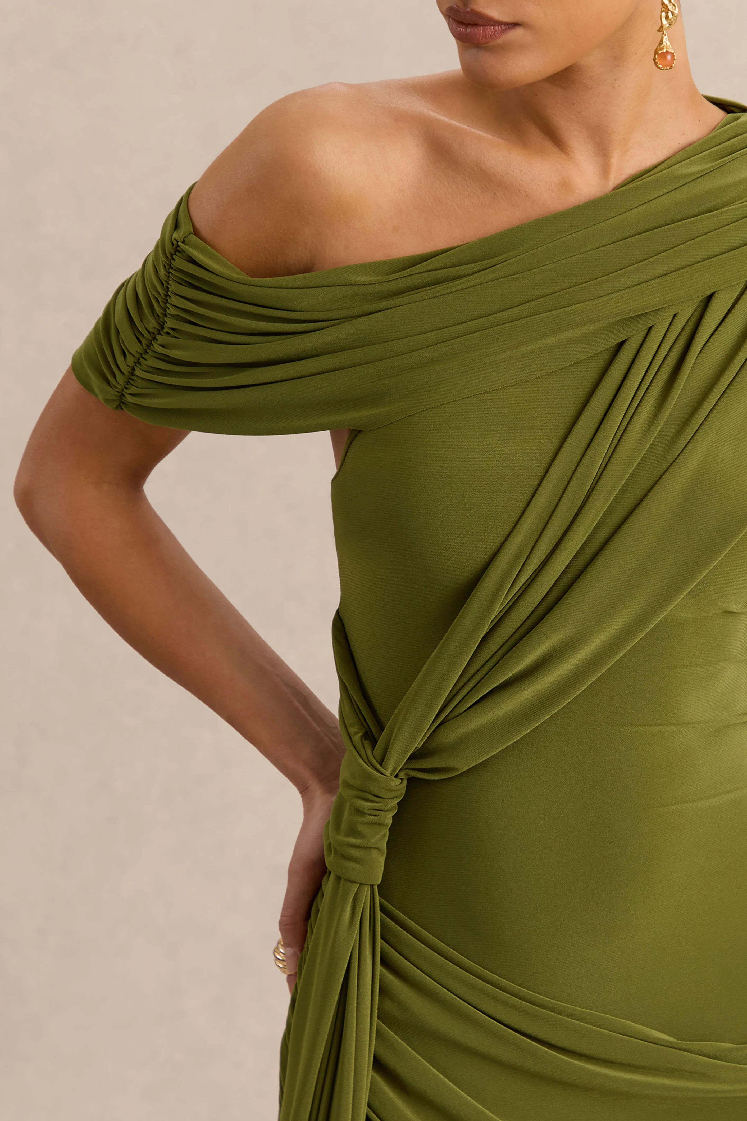 Avialee | Green Asymmetric-Neck Maxi Dress With Gathered-Detailing And Sash - Image 7