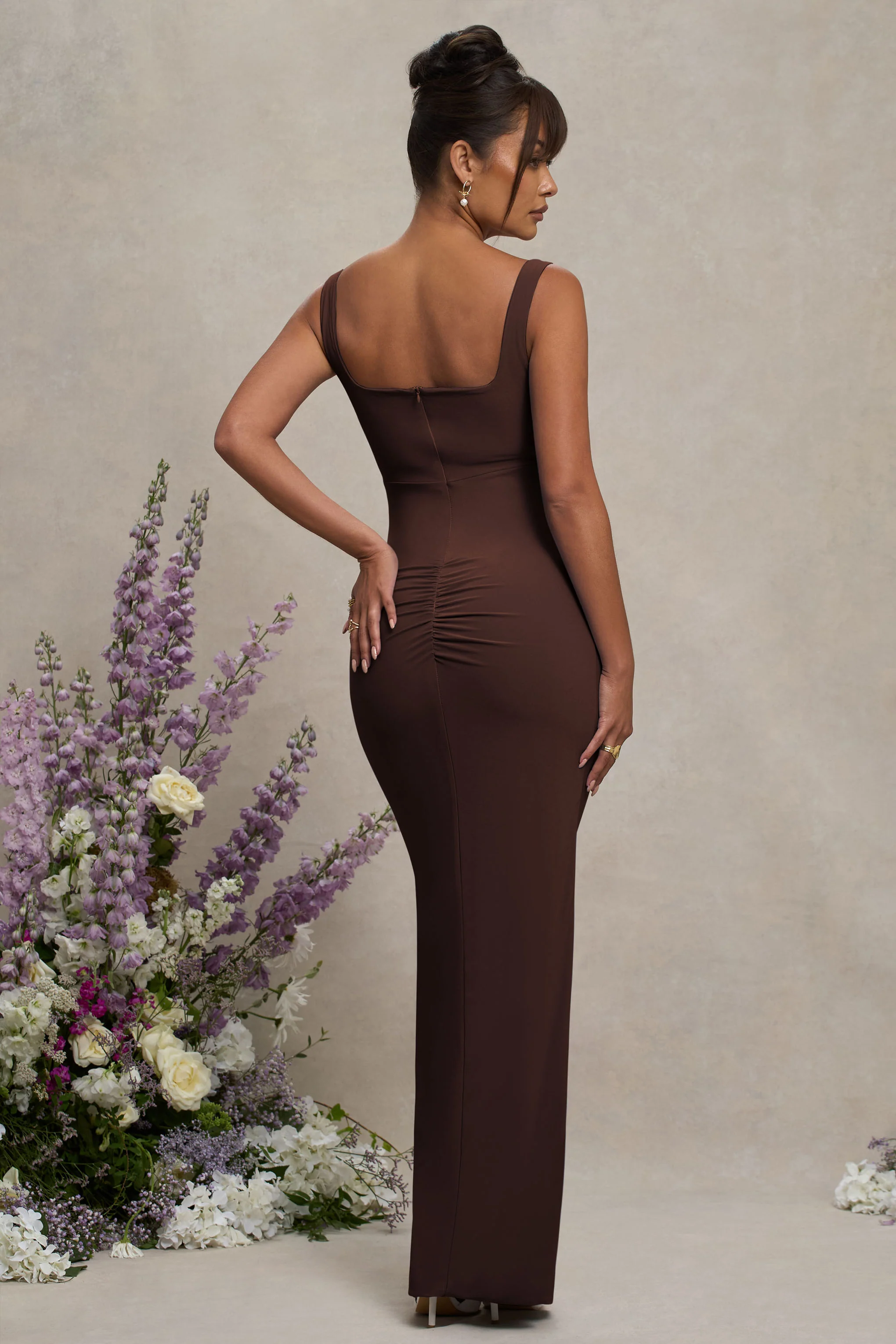 Avril | Brown Square Neck Maternity Maxi Dress with Split - Image 2