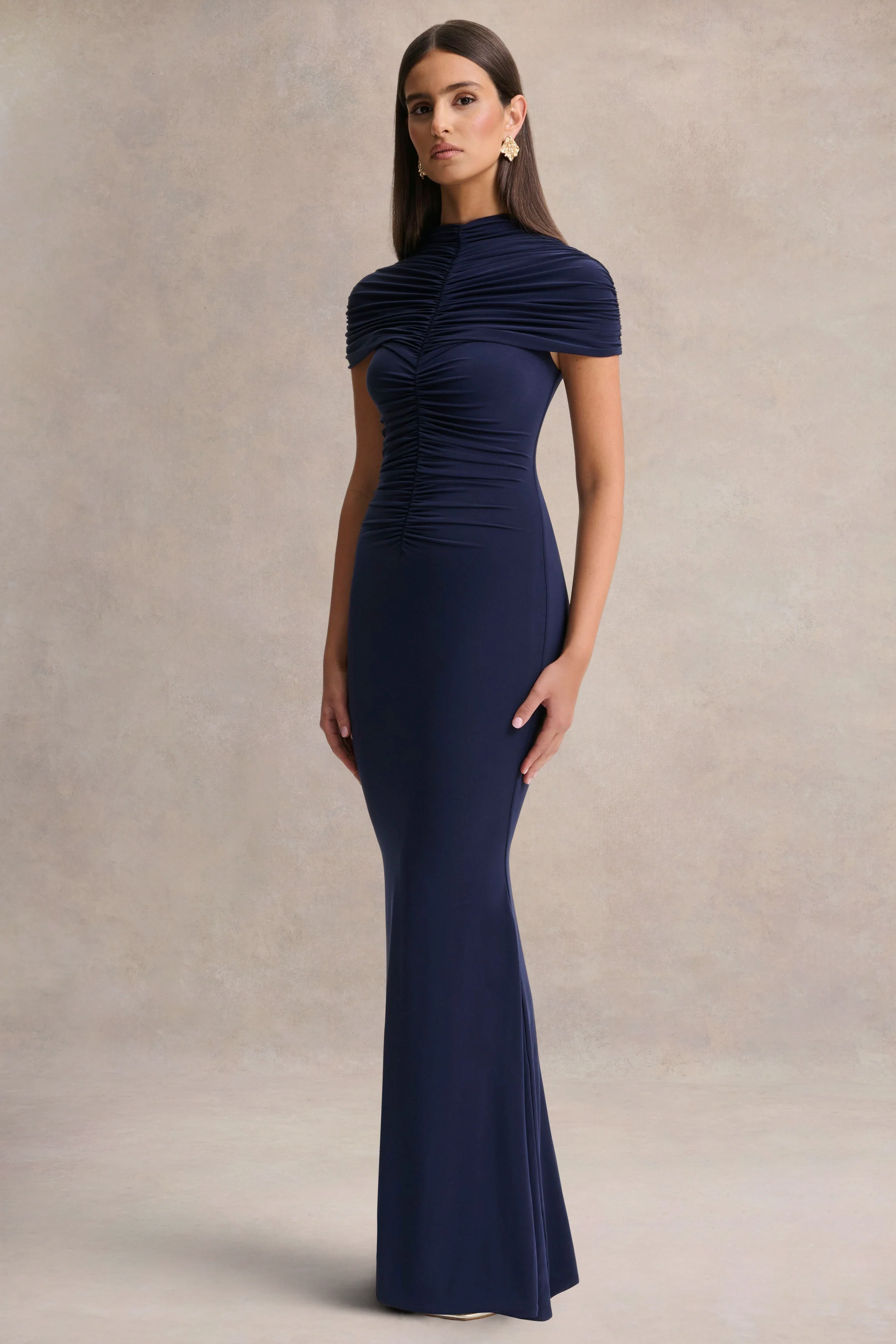 Azaria | Navy High-Neck Maxi Dress With Ruched Detailing - Image 5