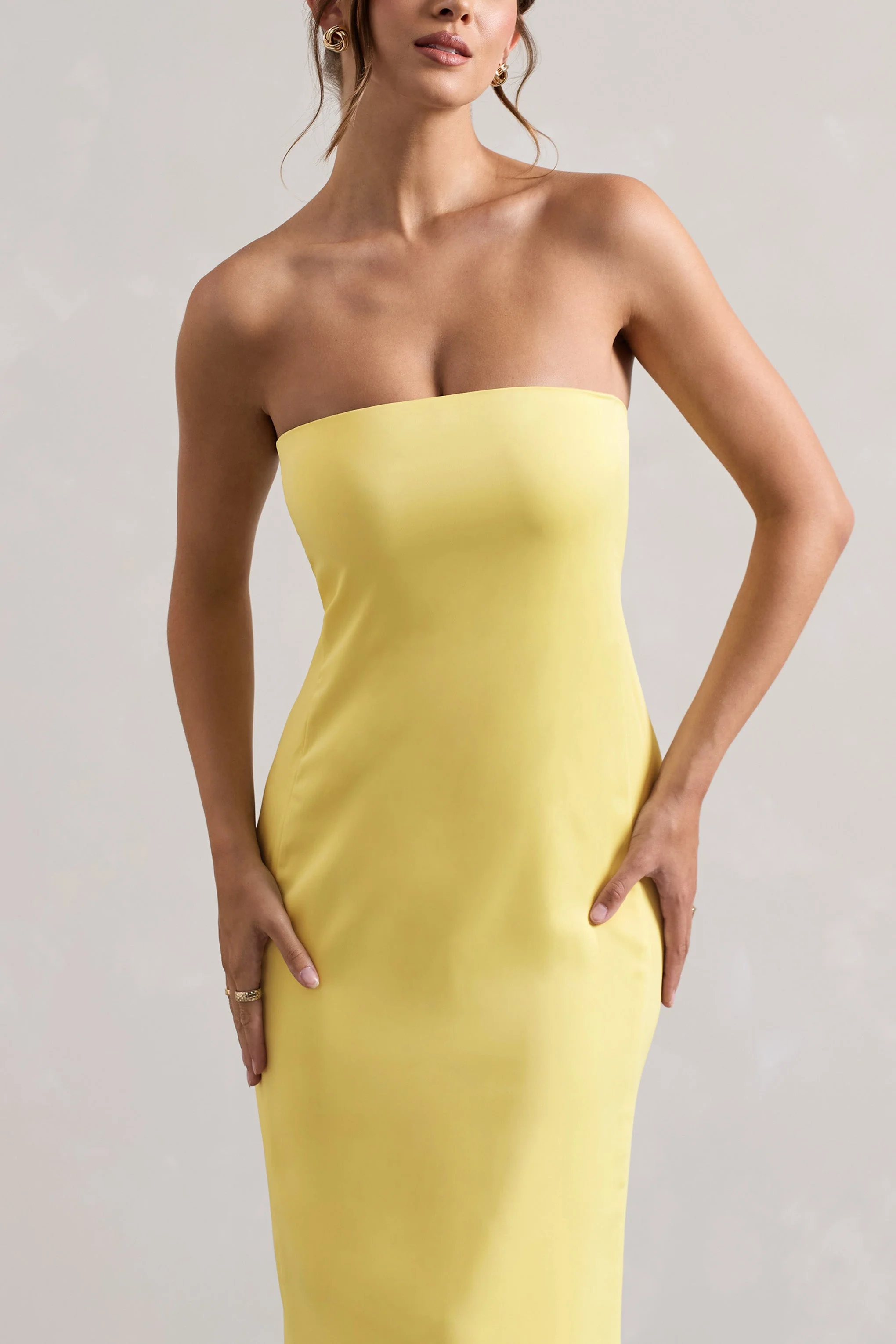 Azra | Lemon Satin Bandeau Maxi Dress - Image 3