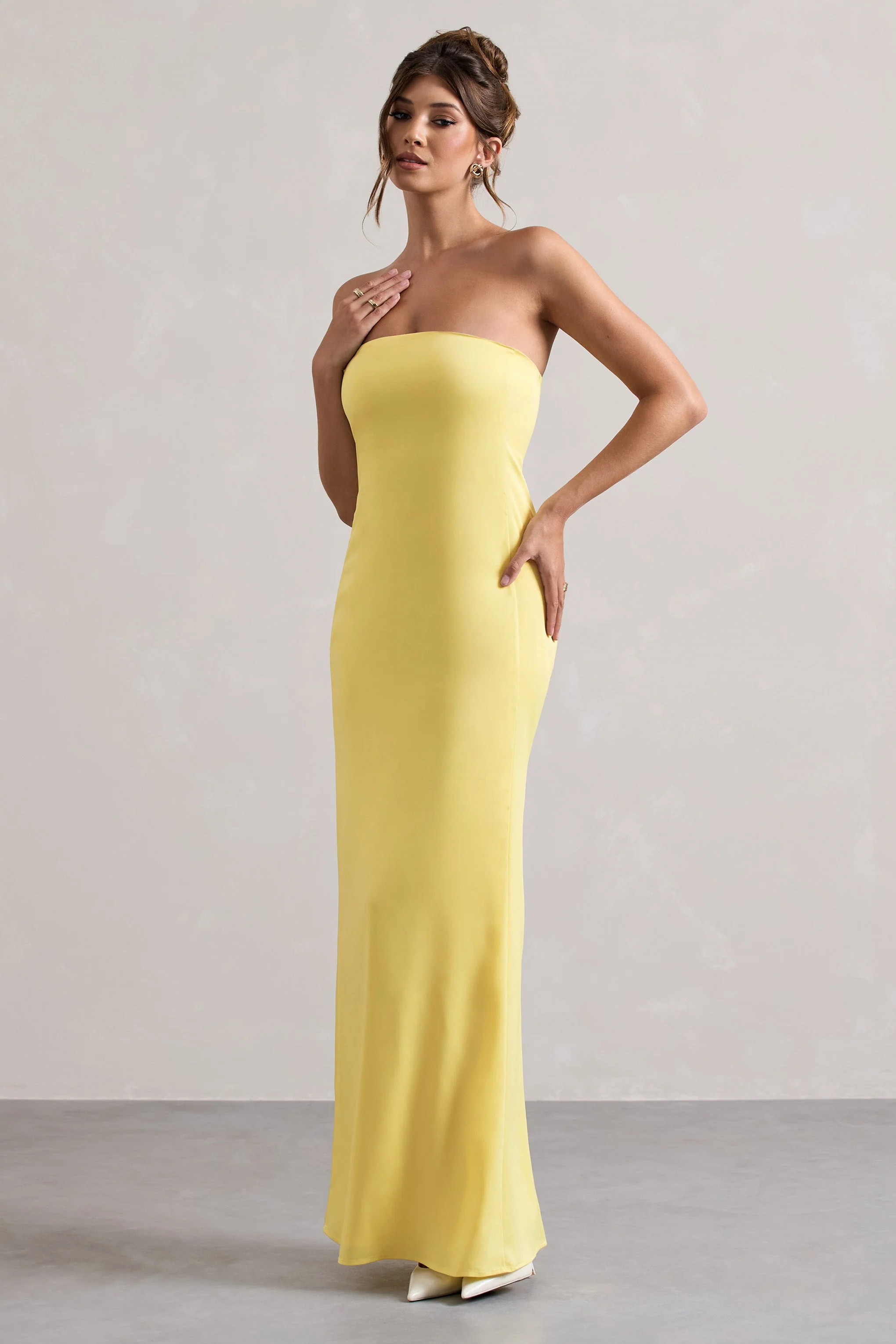 Azra | Lemon Satin Bandeau Maxi Dress - Image 4