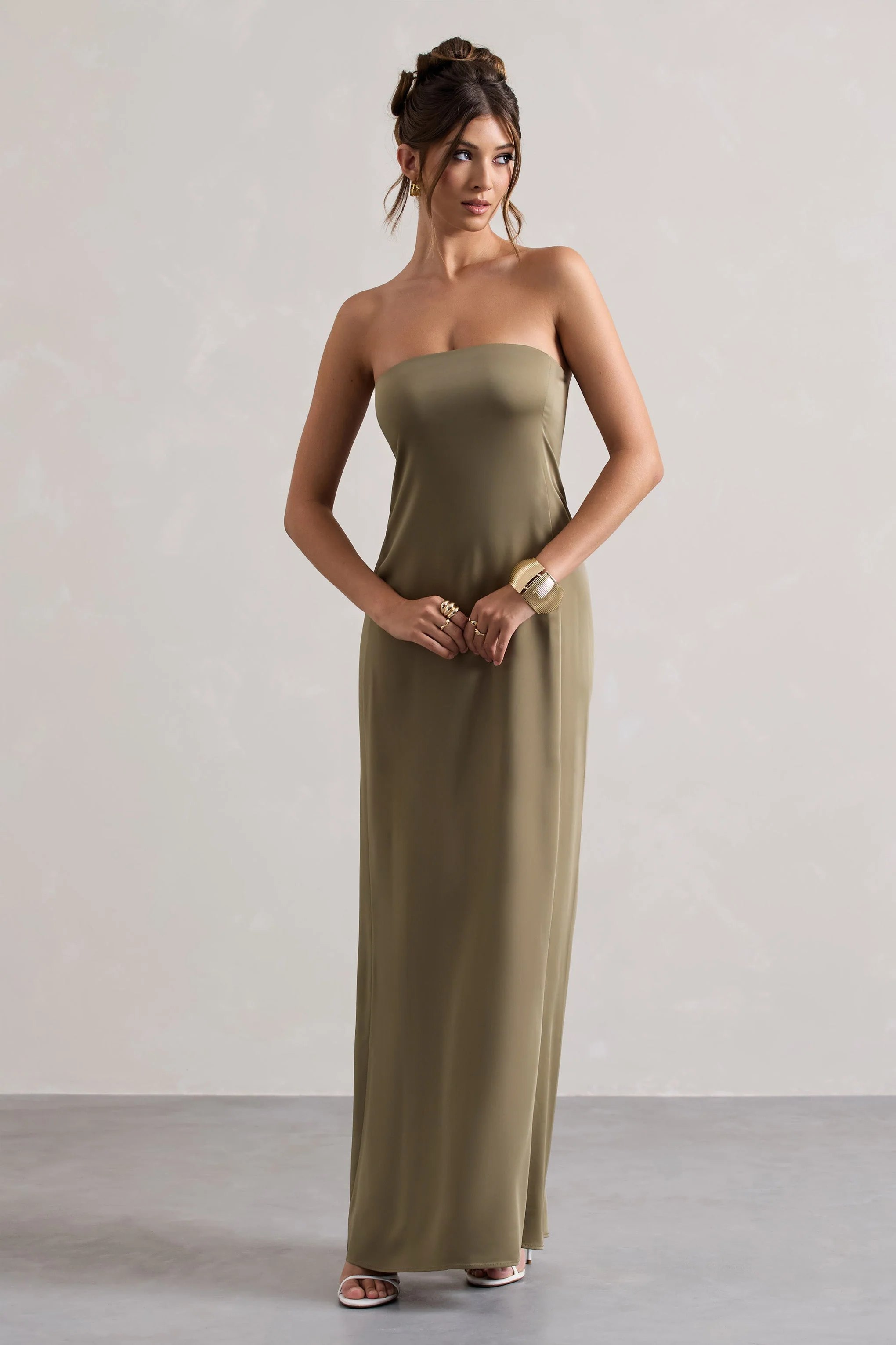 Azra | Olive Satin Bandeau Maxi Dress - Image 4