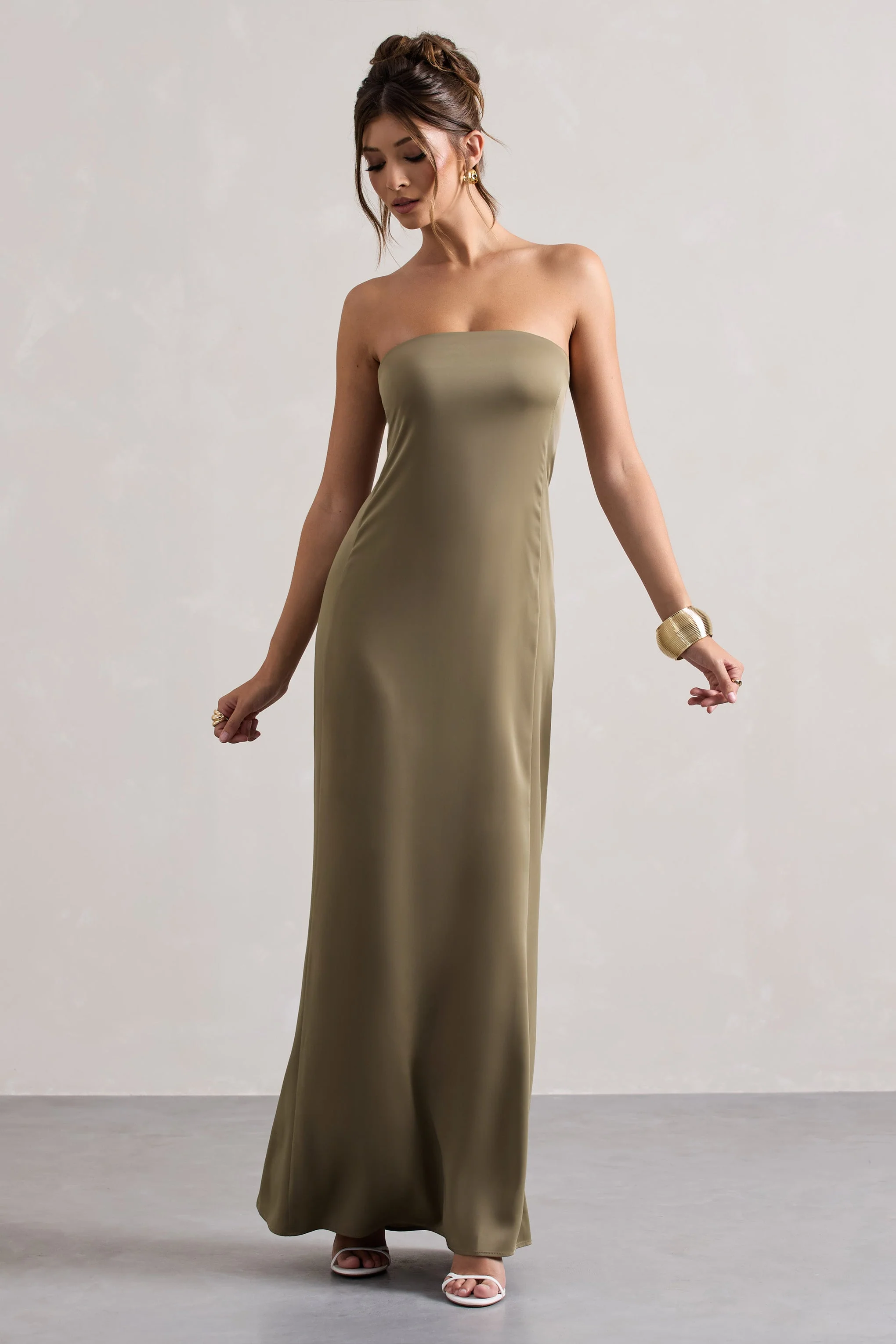 Azra | Olive Satin Bandeau Maxi Dress - Image 5