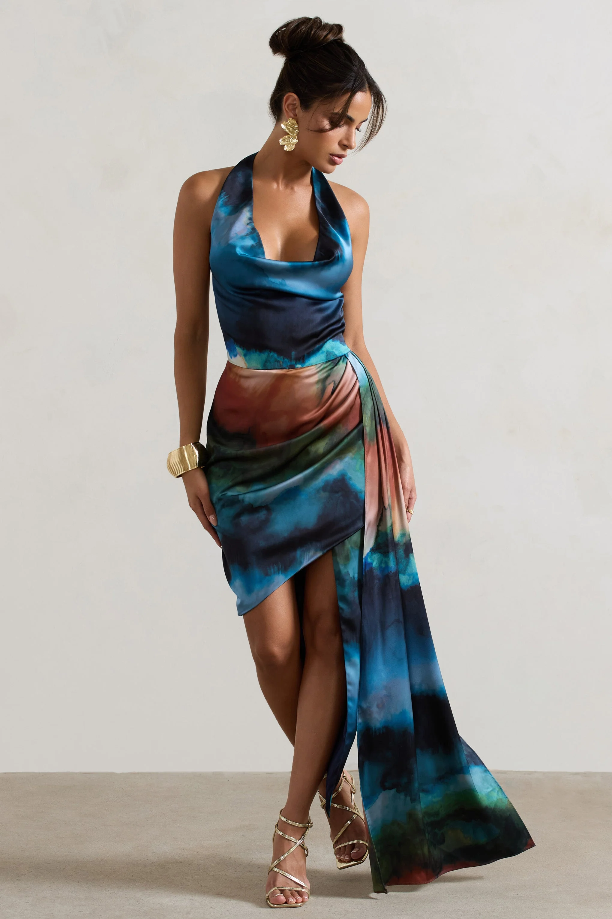Bali | Blue Blur Print Satin Cowl-Neck Draped Midi Dress - Image 5