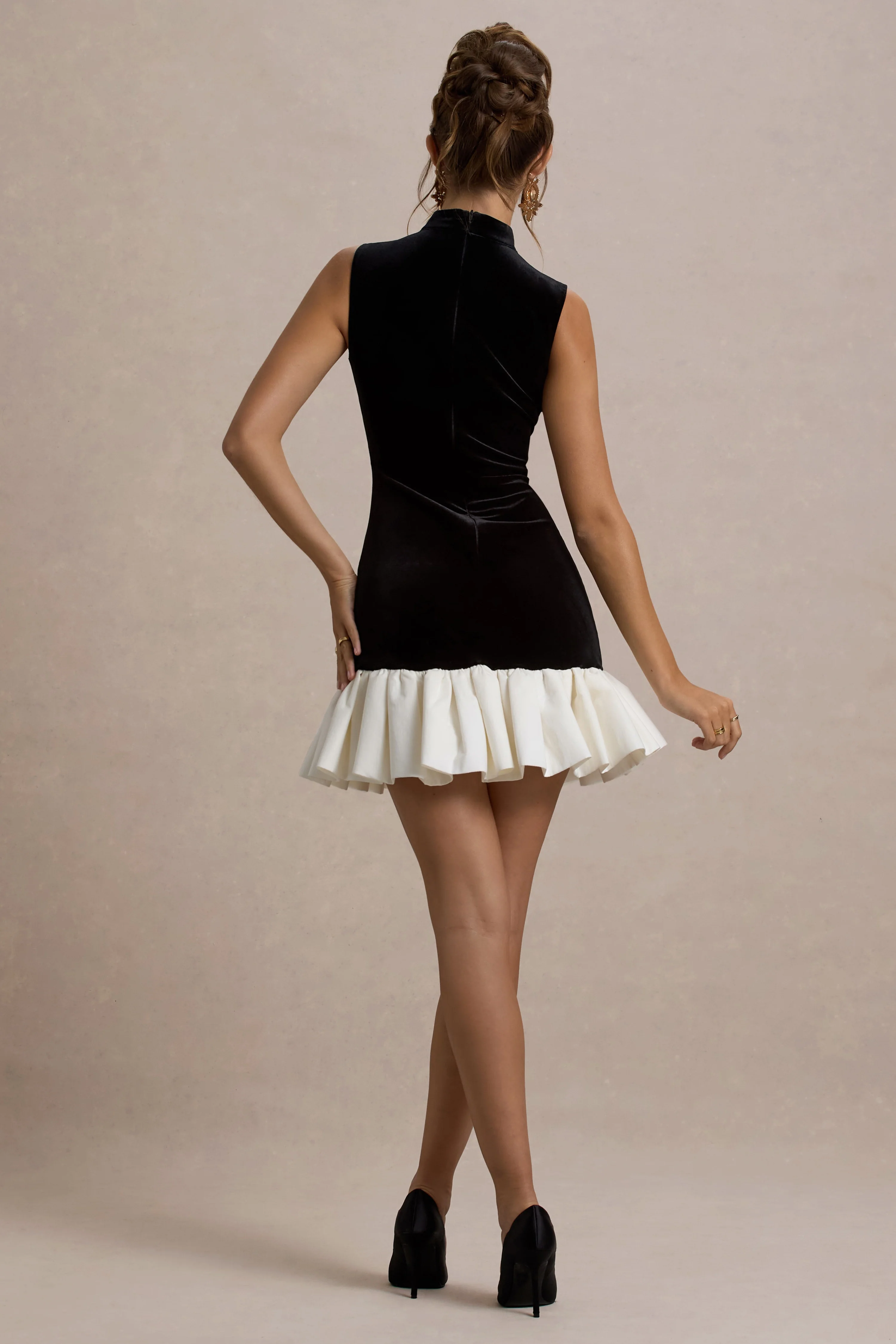 Baxter | Black & White Velvet Mini Dress With Satin Ruffle Trim - Image 2