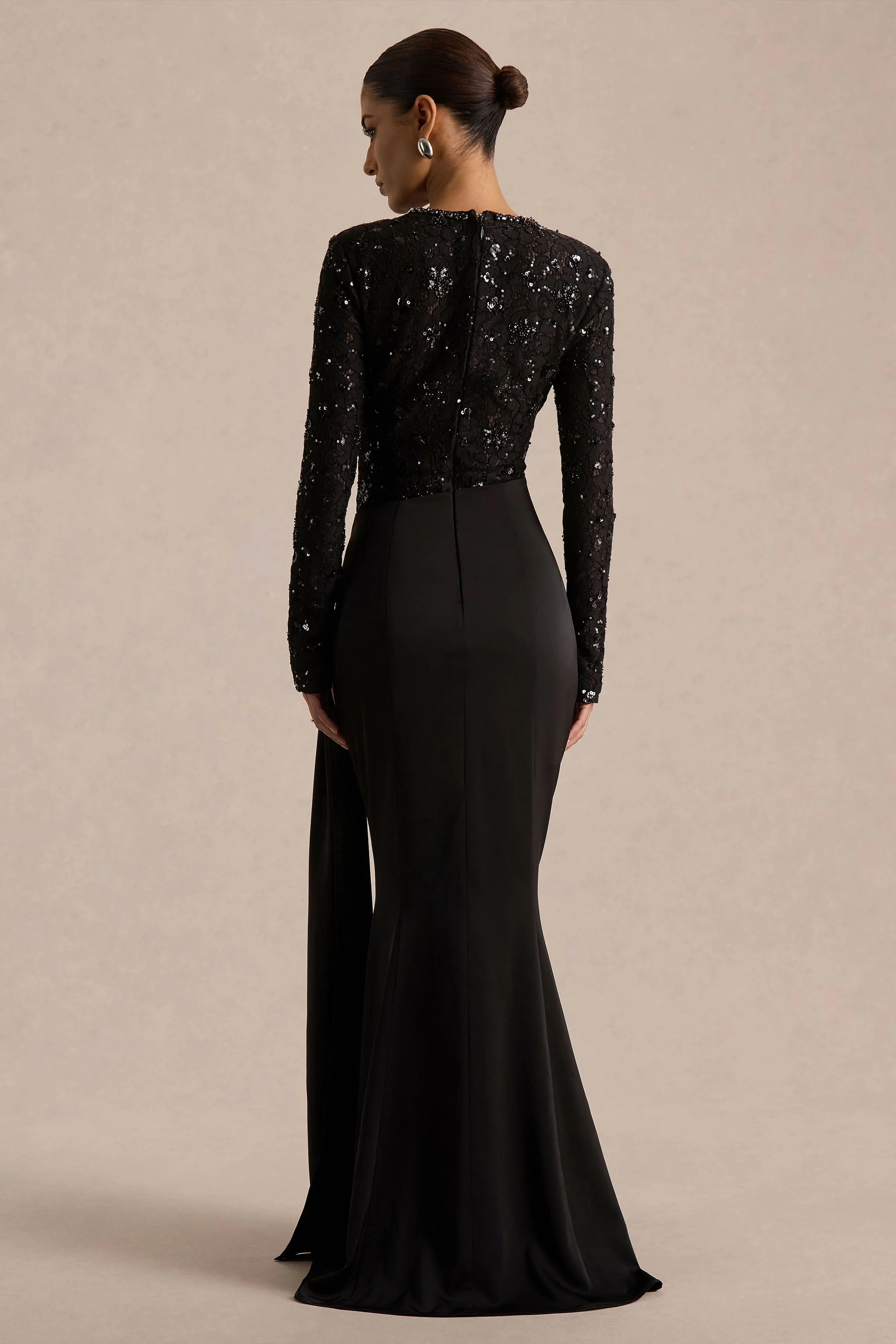Beau | Black Lace High-Neck Maxi Dress With Draped Detail - Image 2