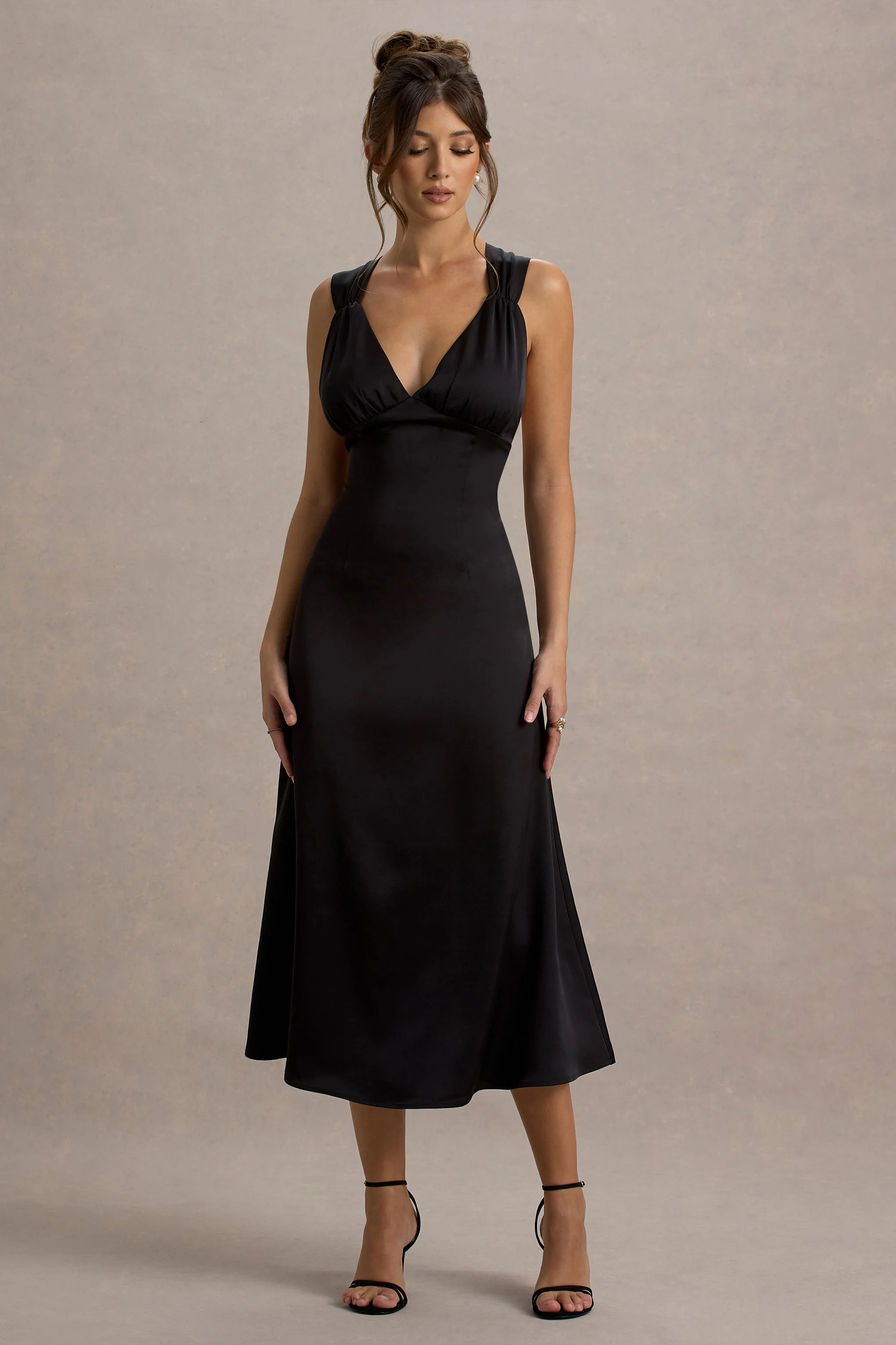 Beck | Black Satin Plunge-Neck Cross-Back Midi Dress - Image 4