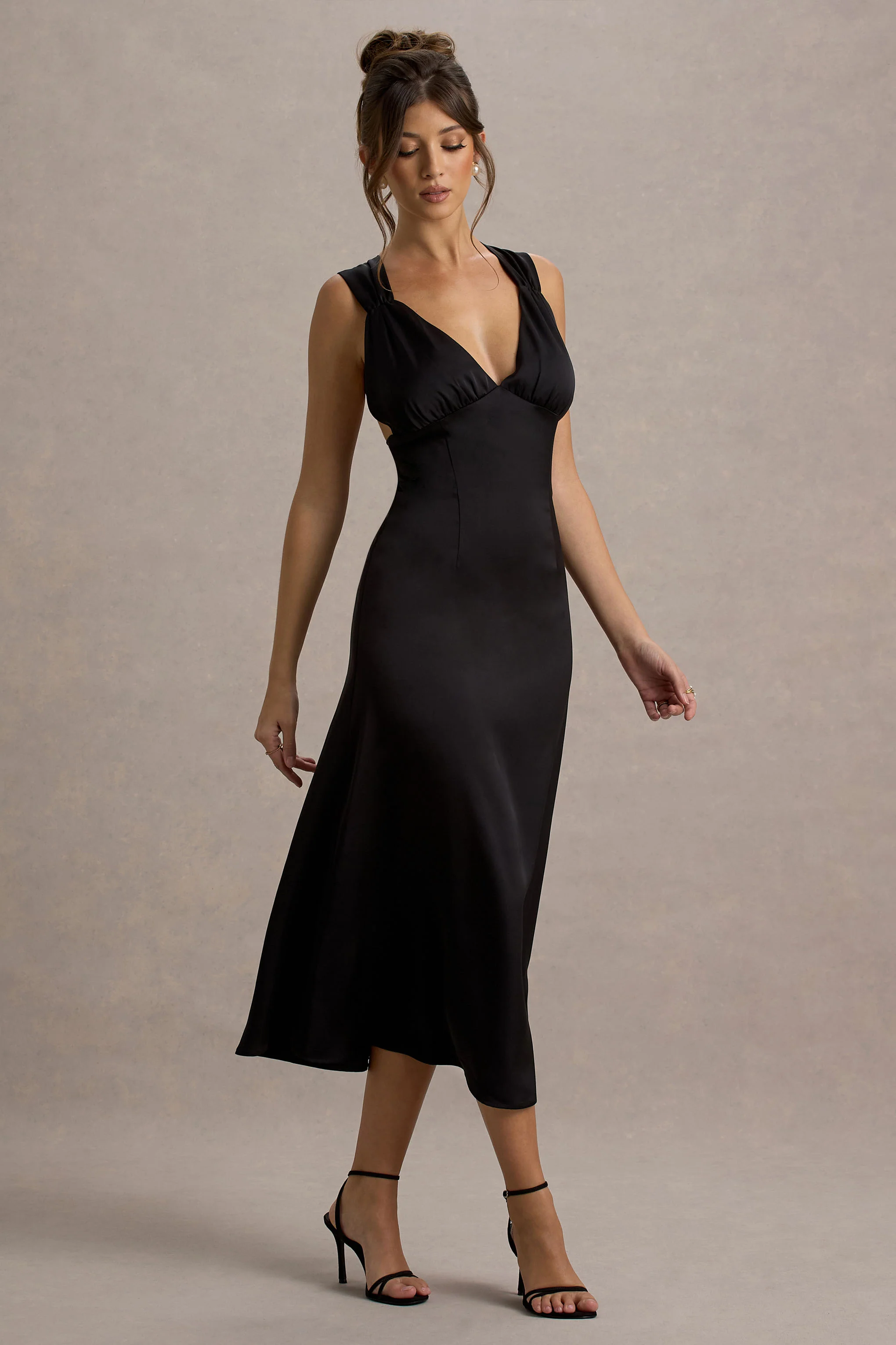 Beck | Black Satin Plunge-Neck Cross-Back Midi Dress - Image 5
