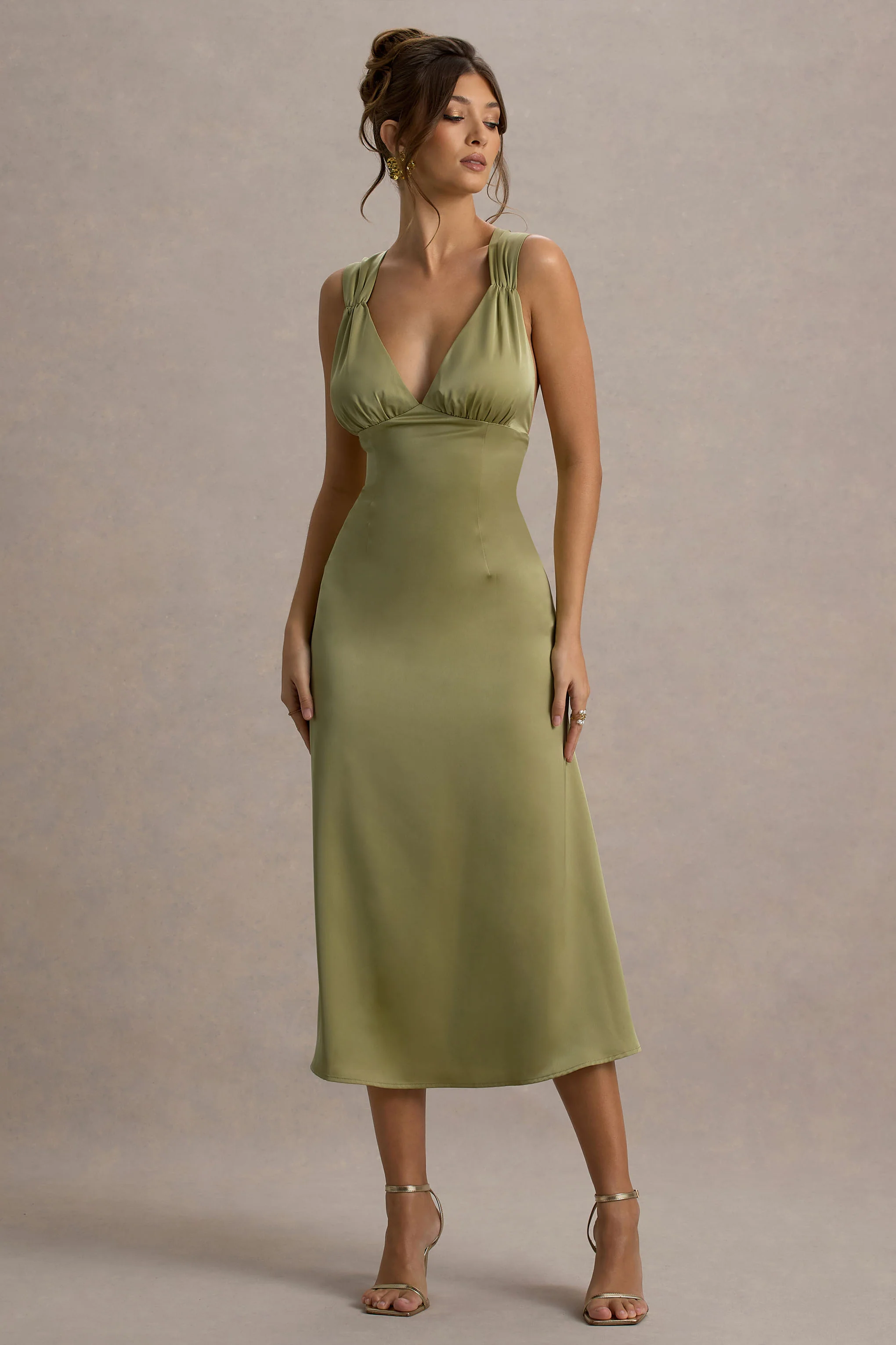Beck | Light Green Satin Plunge-Neck Cross-Back Midi Dress - Image 6