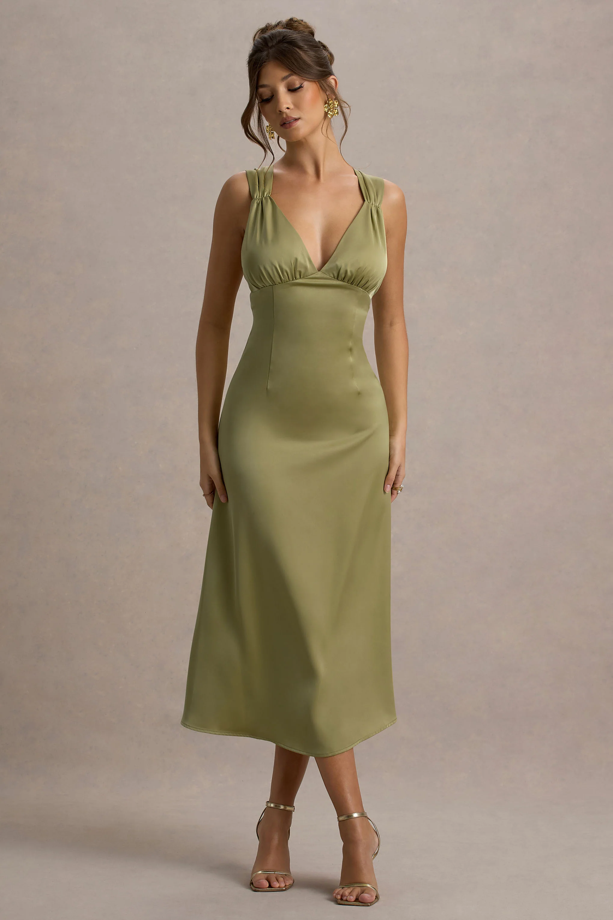 Beck | Light Green Satin Plunge-Neck Cross-Back Midi Dress - Image 8