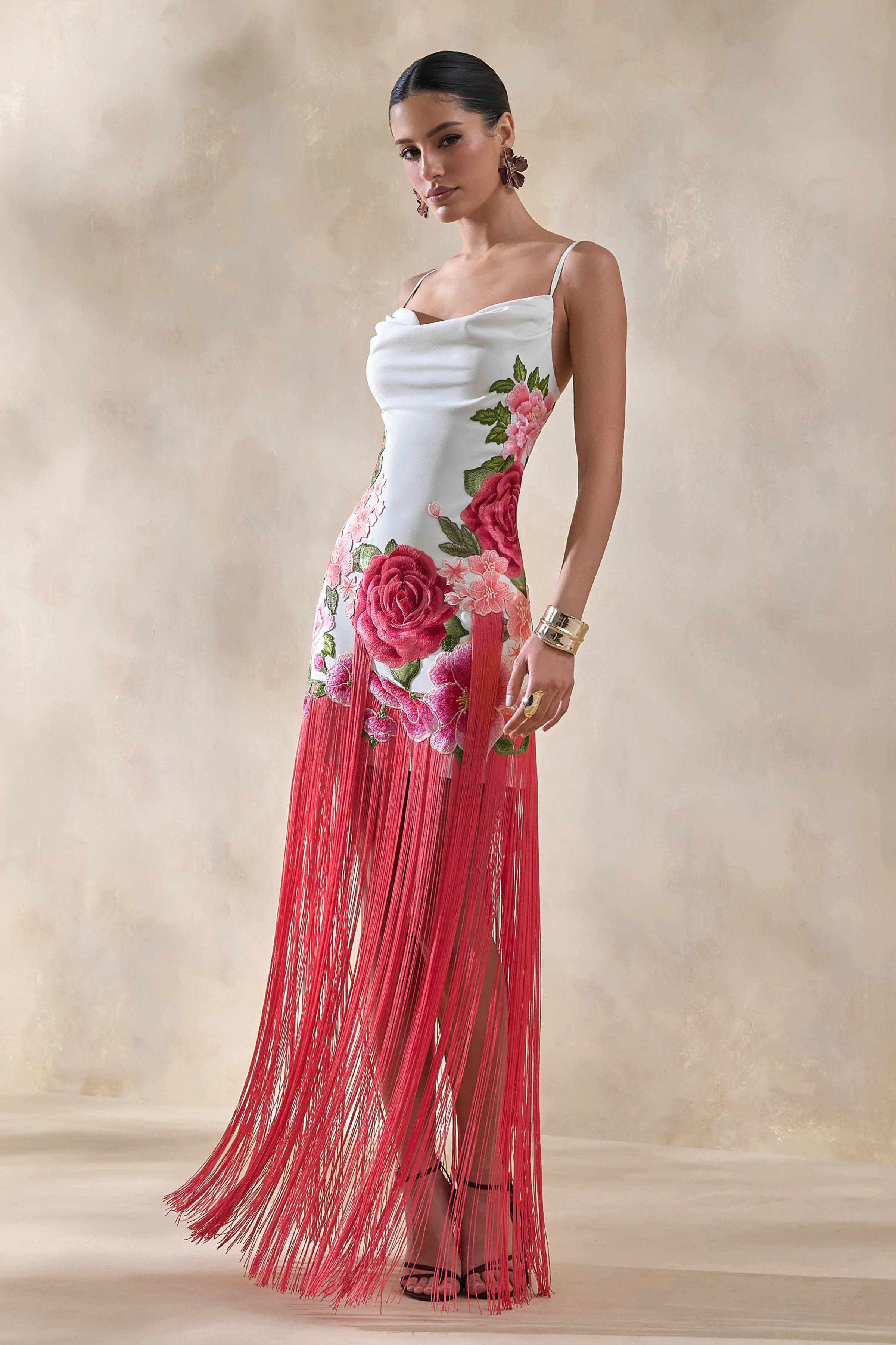 Bejewelled | Cream and Pink Floral Cowl-Neck Maxi Dress With Fringe Hem - Image 6