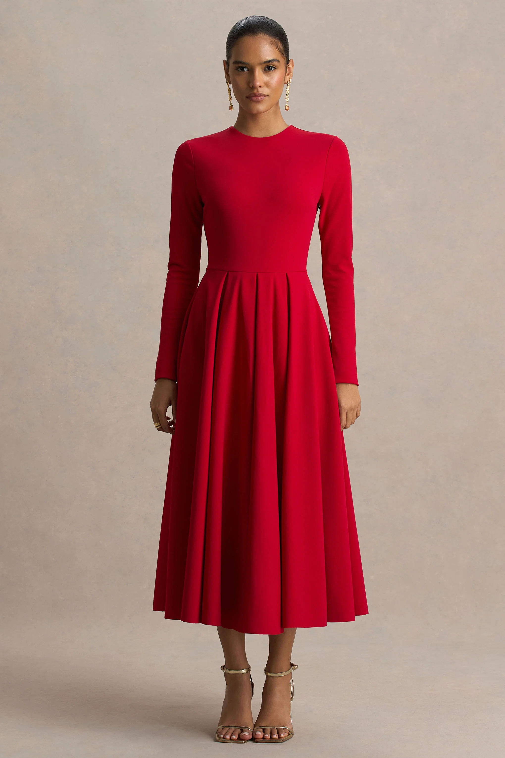 Bellamy | Red Crew-Neck Long-Sleeve Midi Dress - Image 5