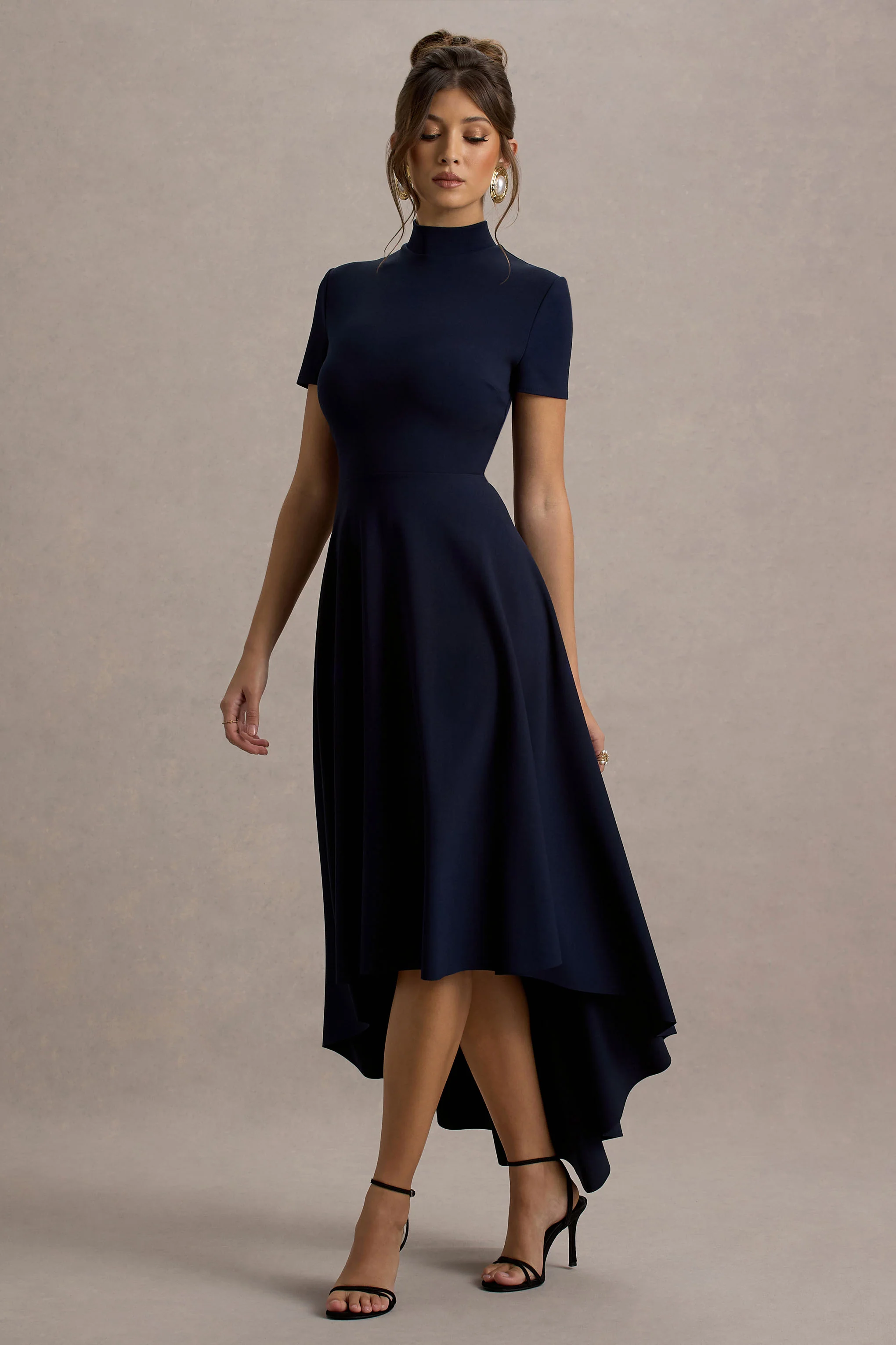 Bellona | Navy High-Neck High-Low Midi Dress - Image 5