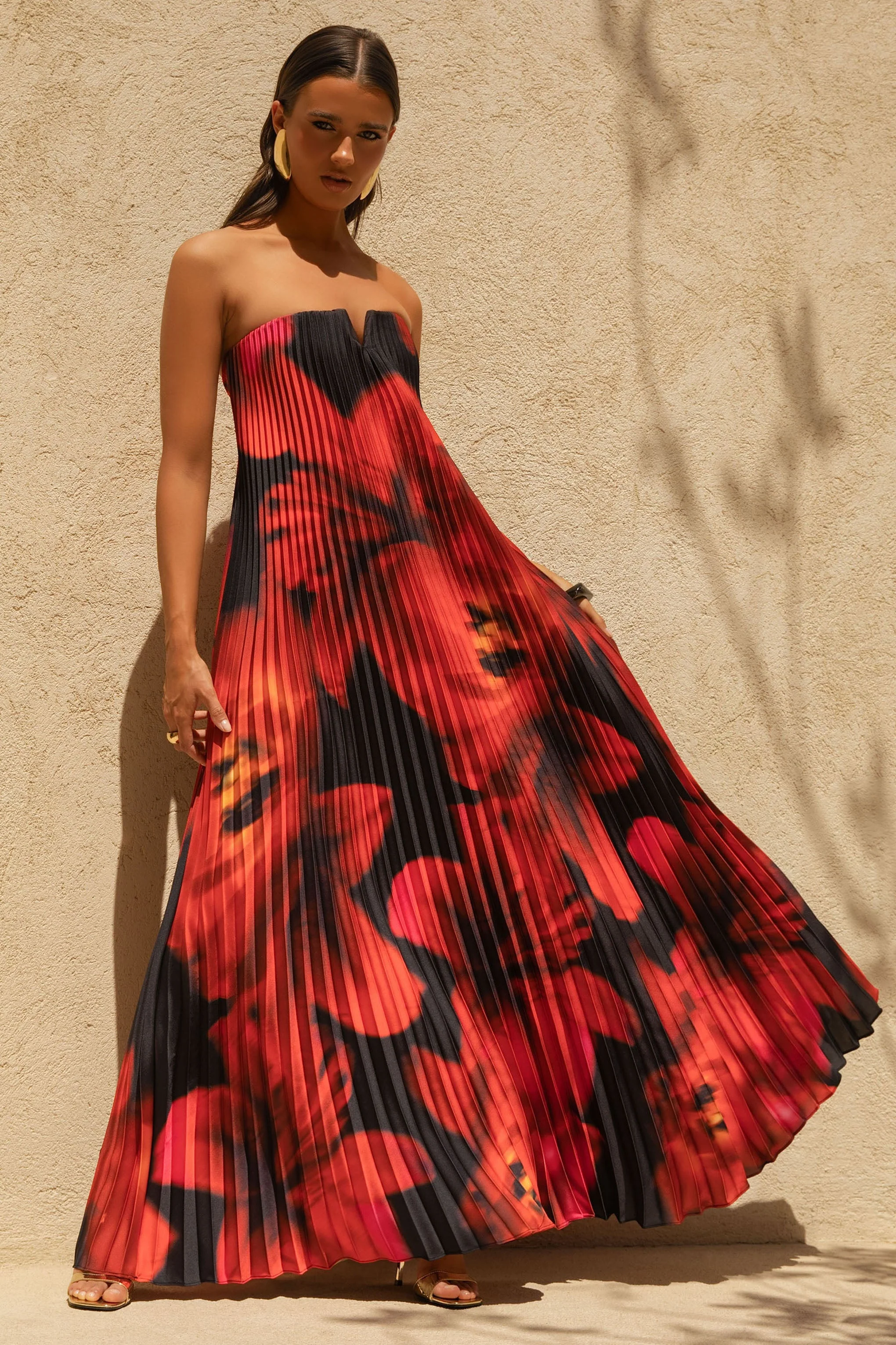 Bergamot | Black And Red Floral Print Satin Sweetheart Maxi Dress - Image 5