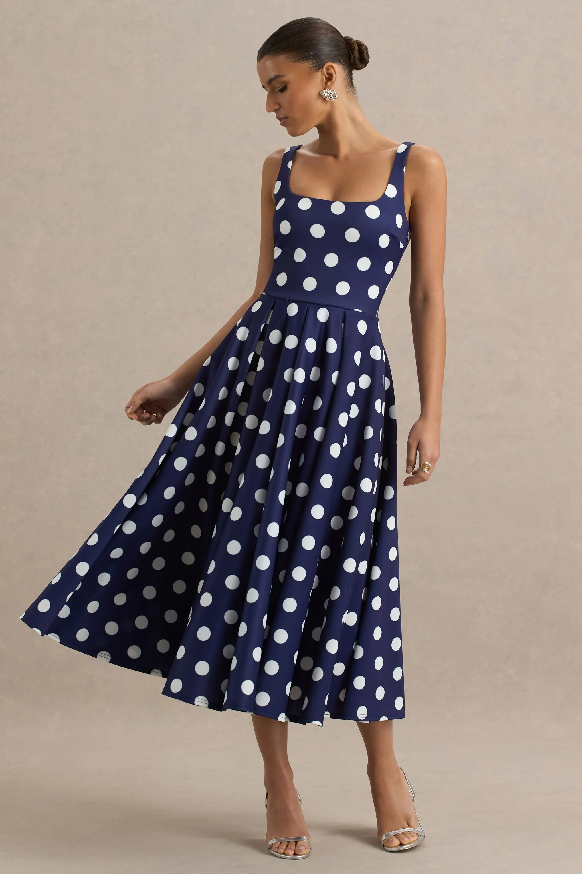 Berta | Navy And White Polka-Dot Square-Neck Midi Dress - Image 2