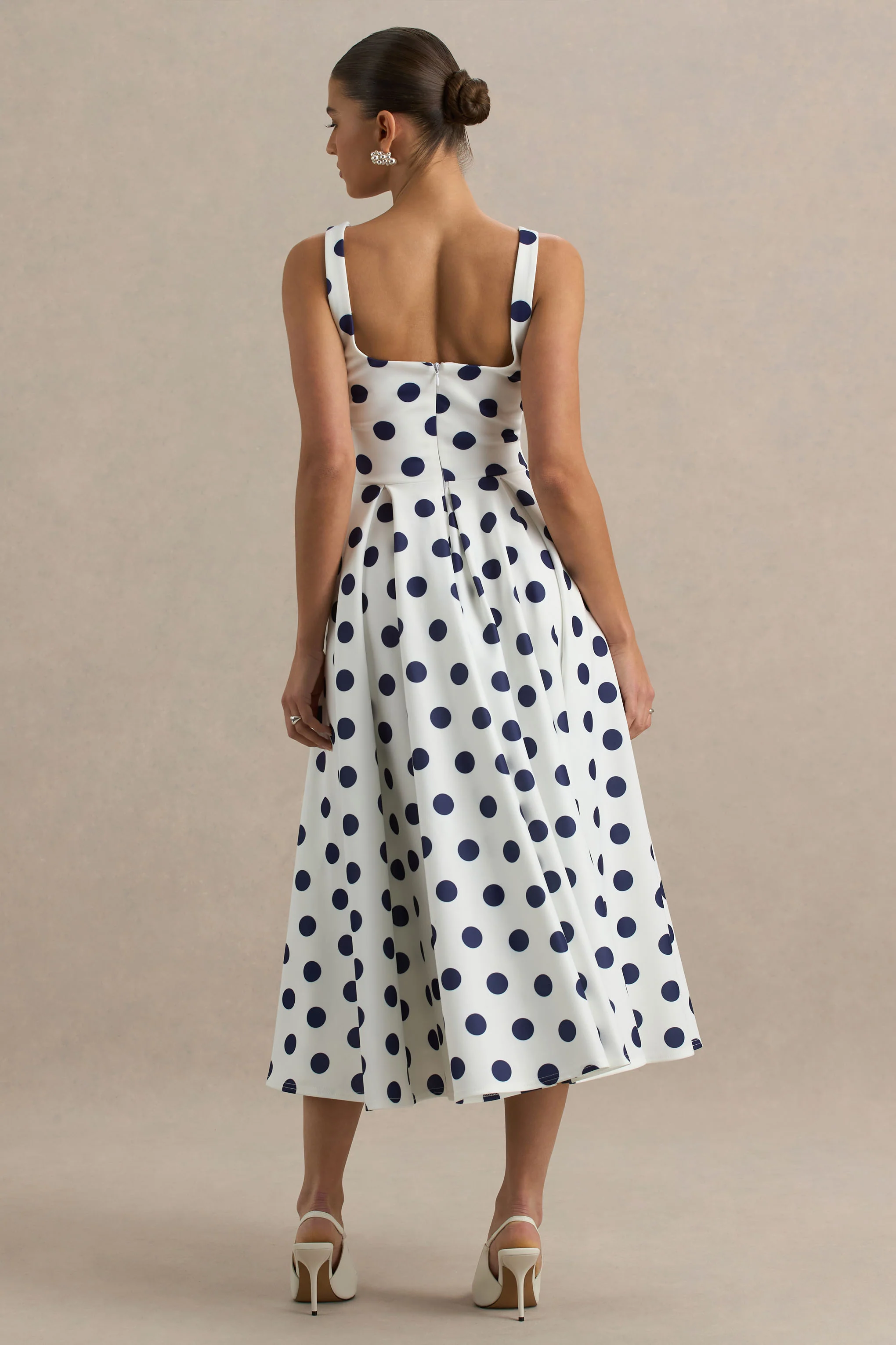 Berta | White And Navy Polka-Dot Square-Neck Midi Dress - Image 2