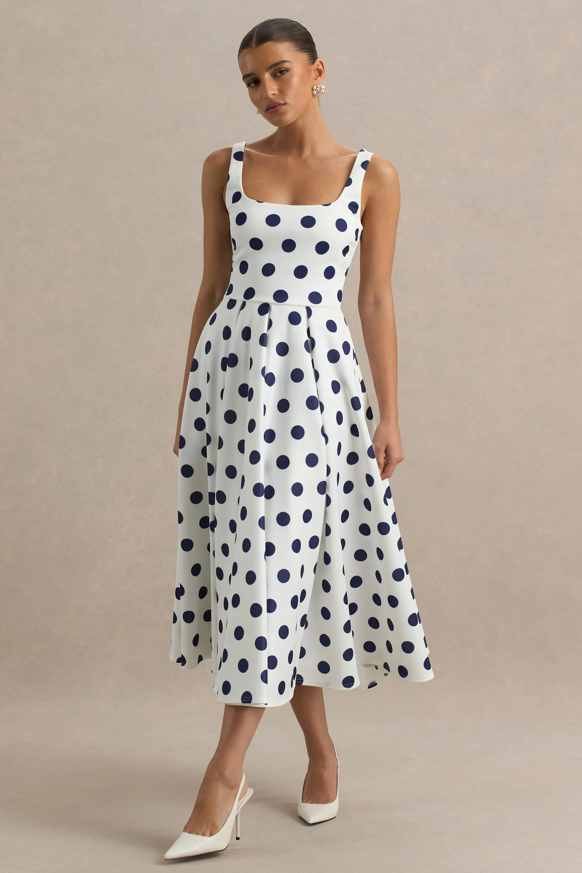 Berta | White And Navy Polka-Dot Square-Neck Midi Dress - Image 5