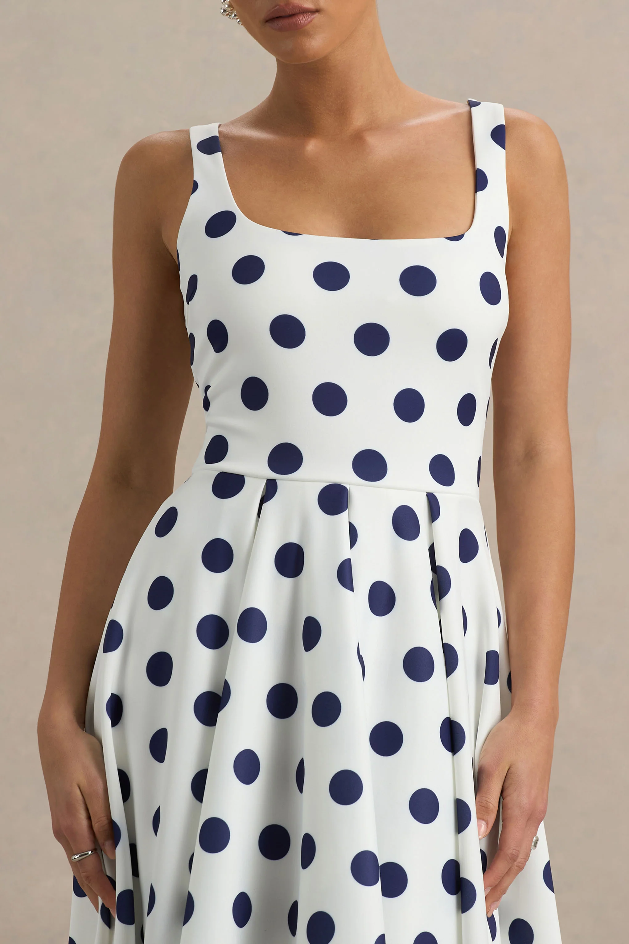 Berta | White And Navy Polka-Dot Square-Neck Midi Dress - Image 6