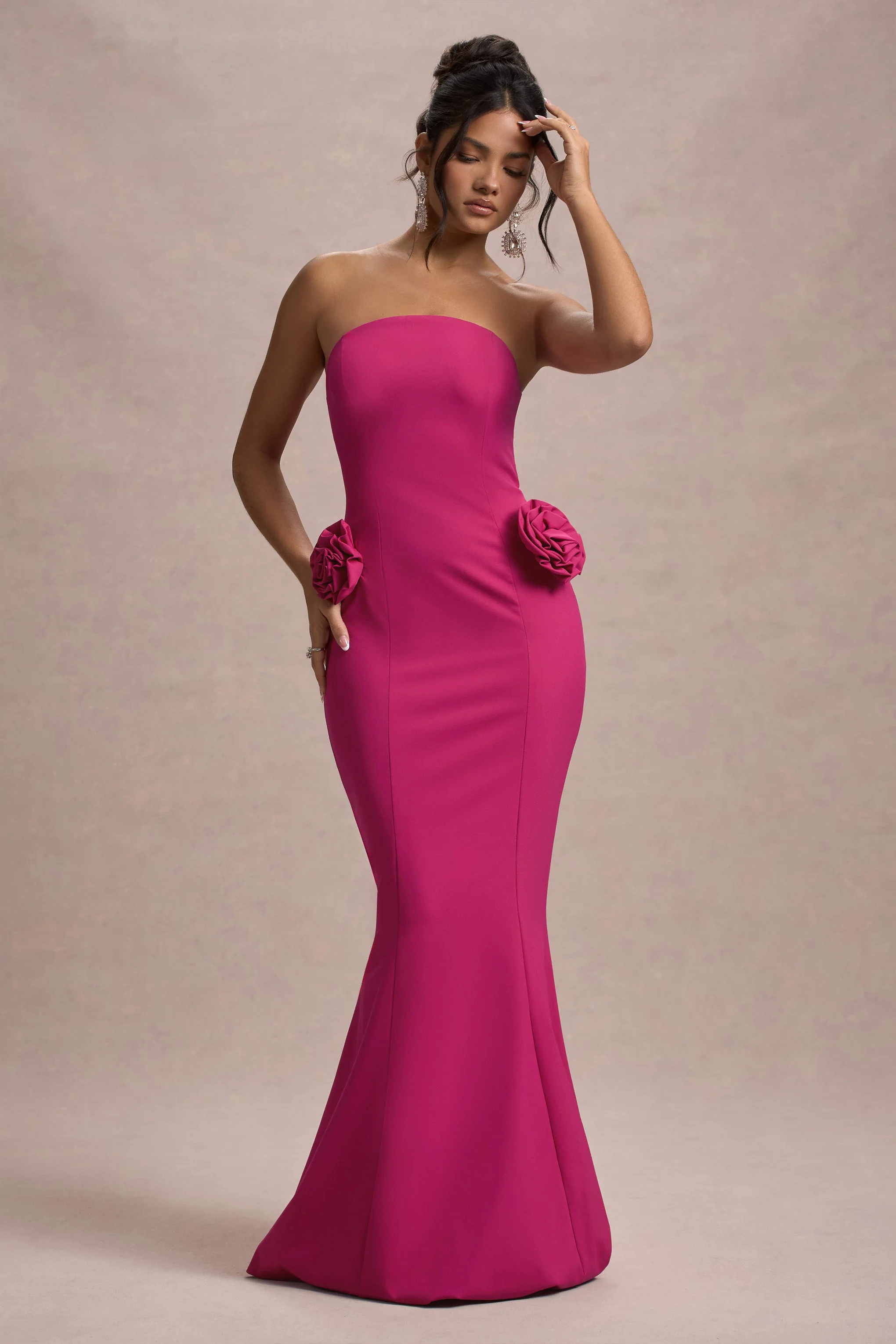 Best Of The Best | Dark Pink Strapless Fishtail Maxi Dress With Corsages - Image 5