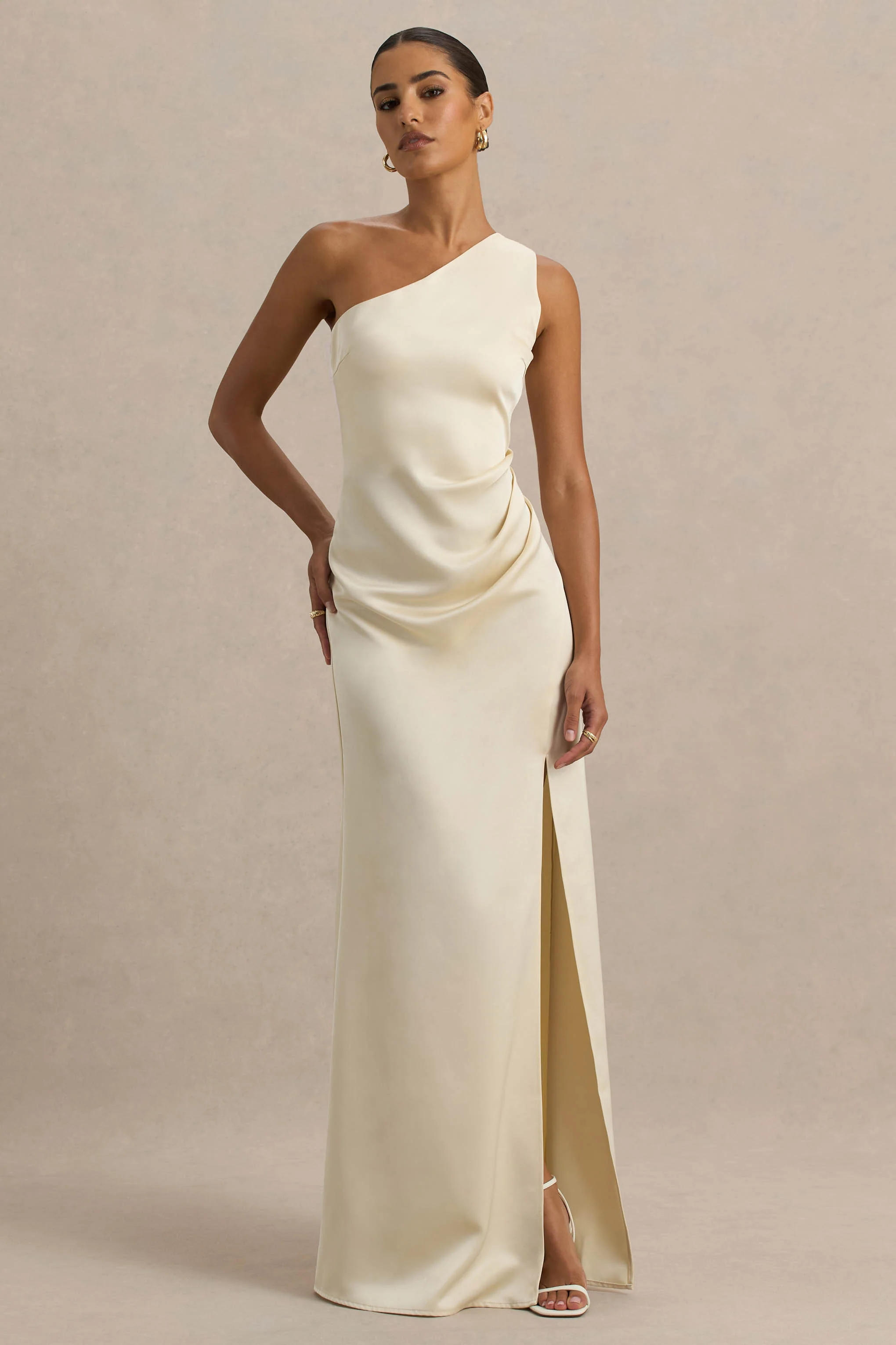 Beth | Pale Lemon Asymmetric Neckline High-Split Maxi Dress - Image 5