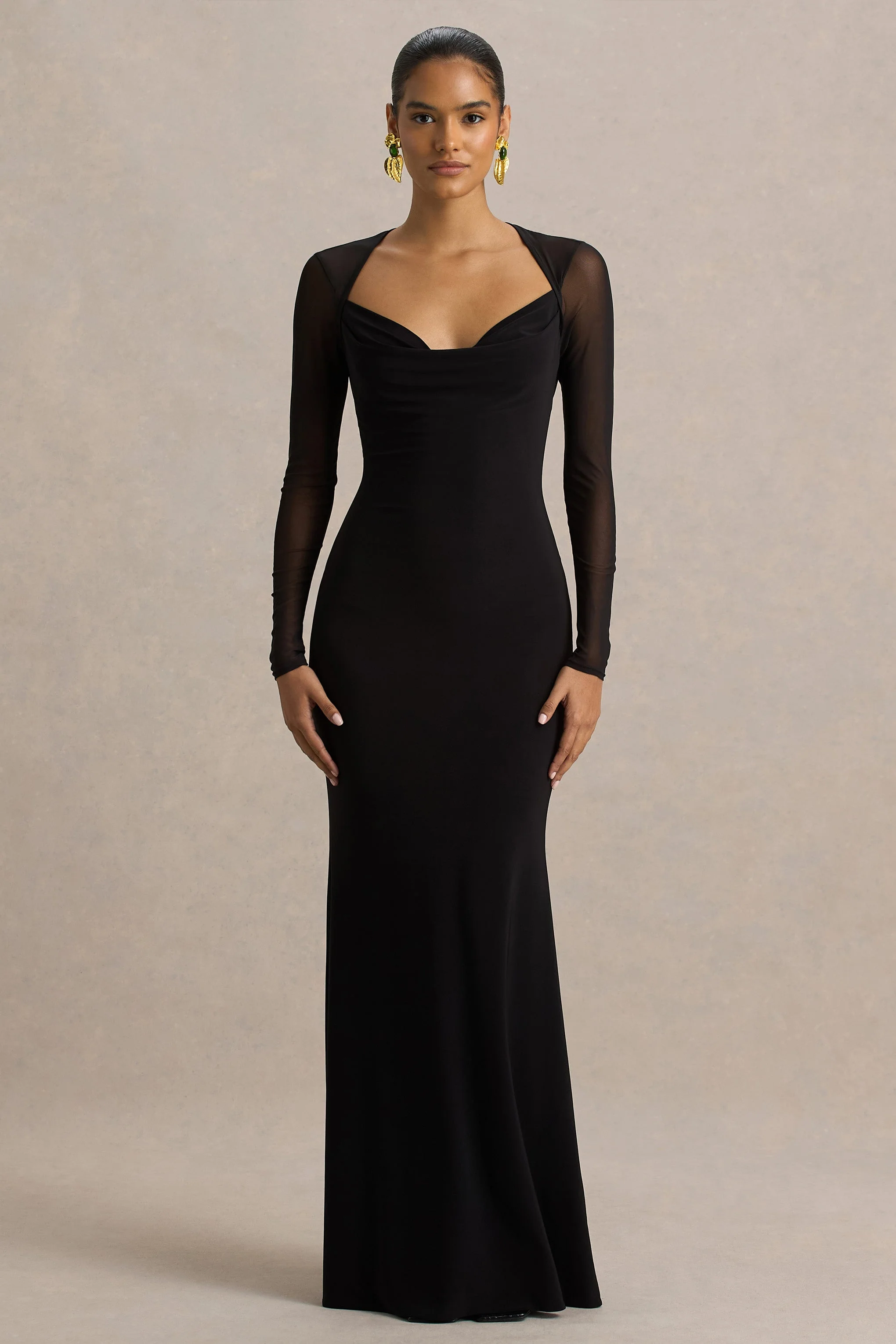 Bethan | Black Cowl-Neck Maxi Dress With Mesh Sleeves And Open-Back - Image 5