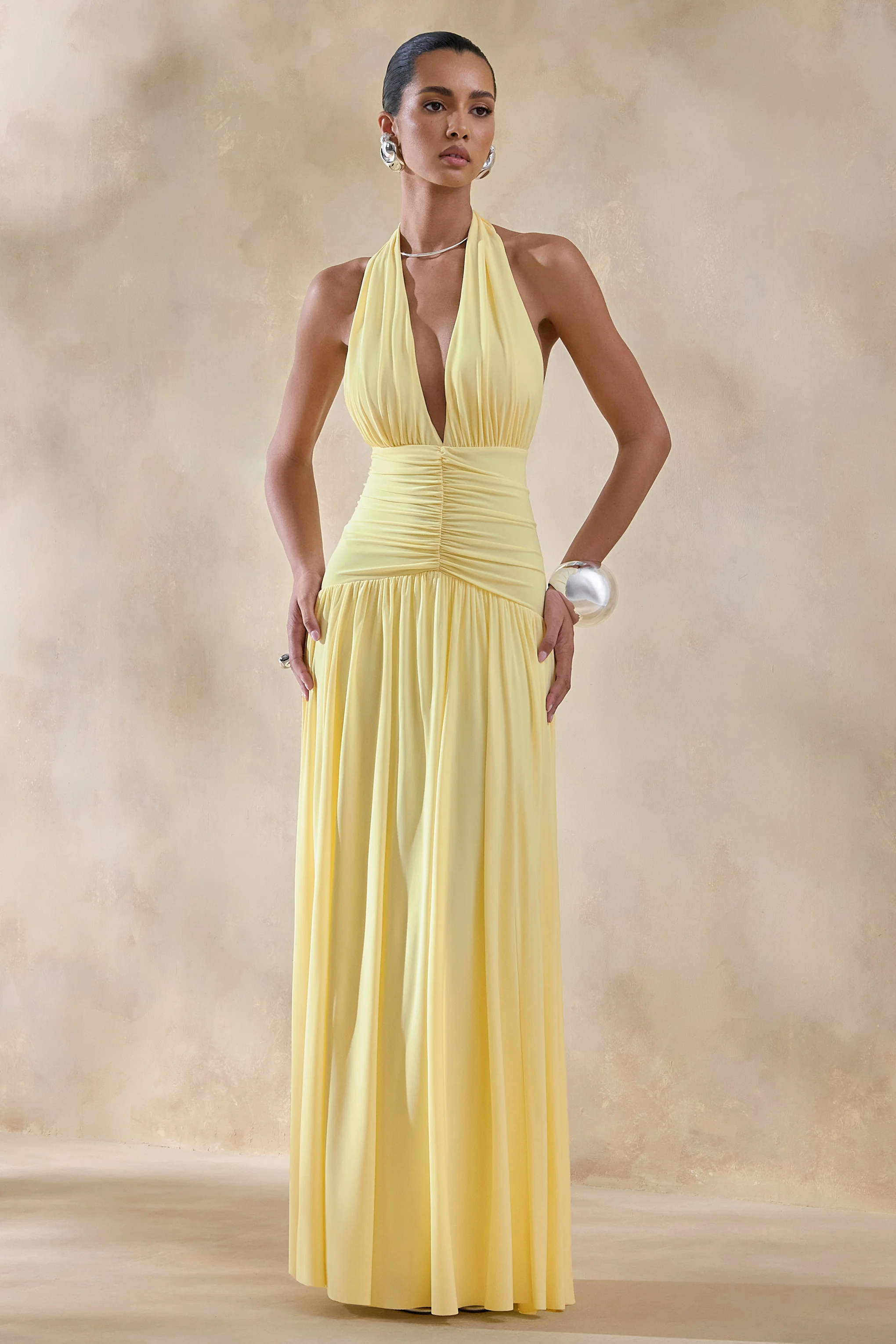 Bettina | Lemon Plunge-Neck Maxi Dress With Gathered-Detailing - Image 10