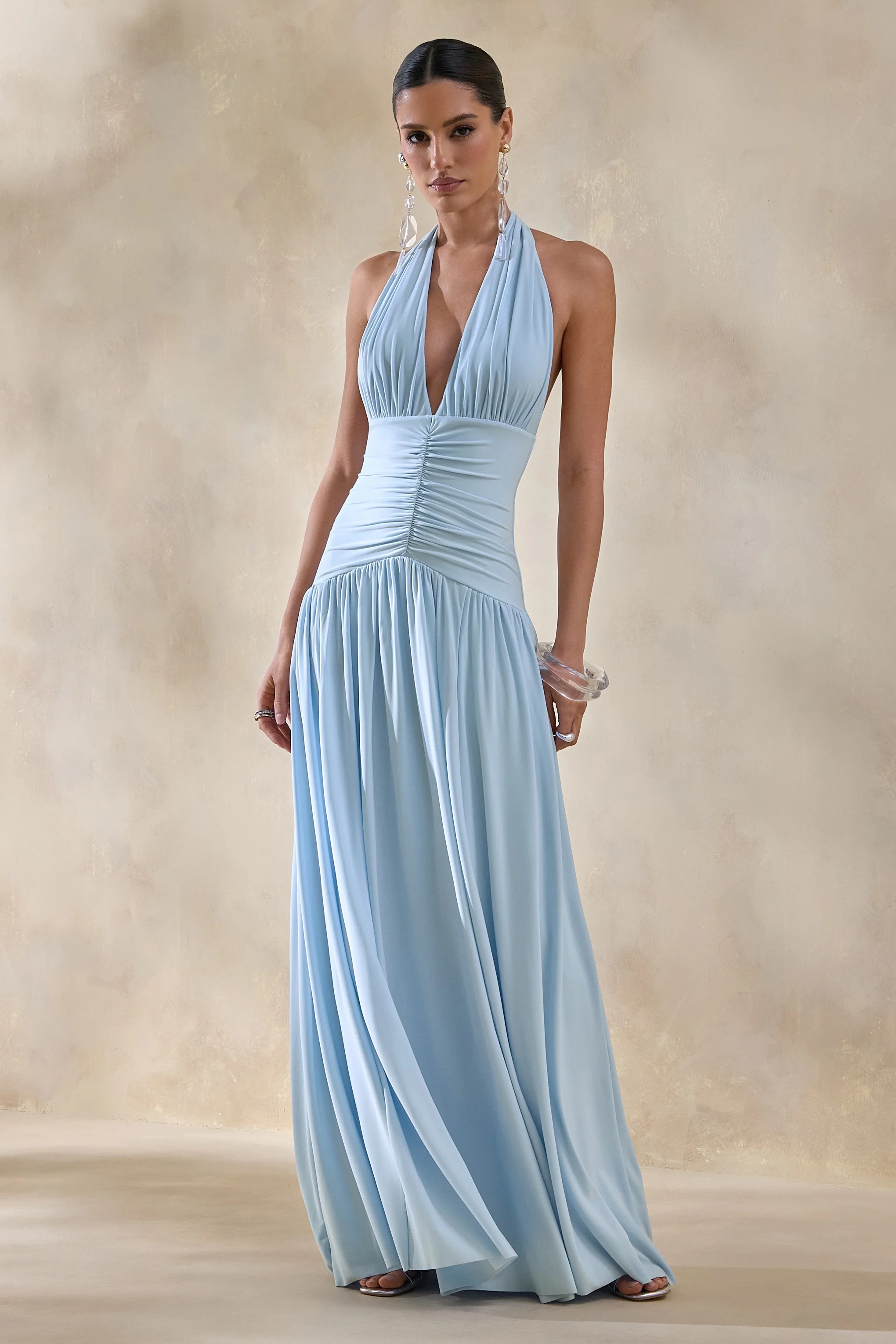 Bettina | Powder-Blue Plunge-Neck Maxi Dress With Gathered-Detailing