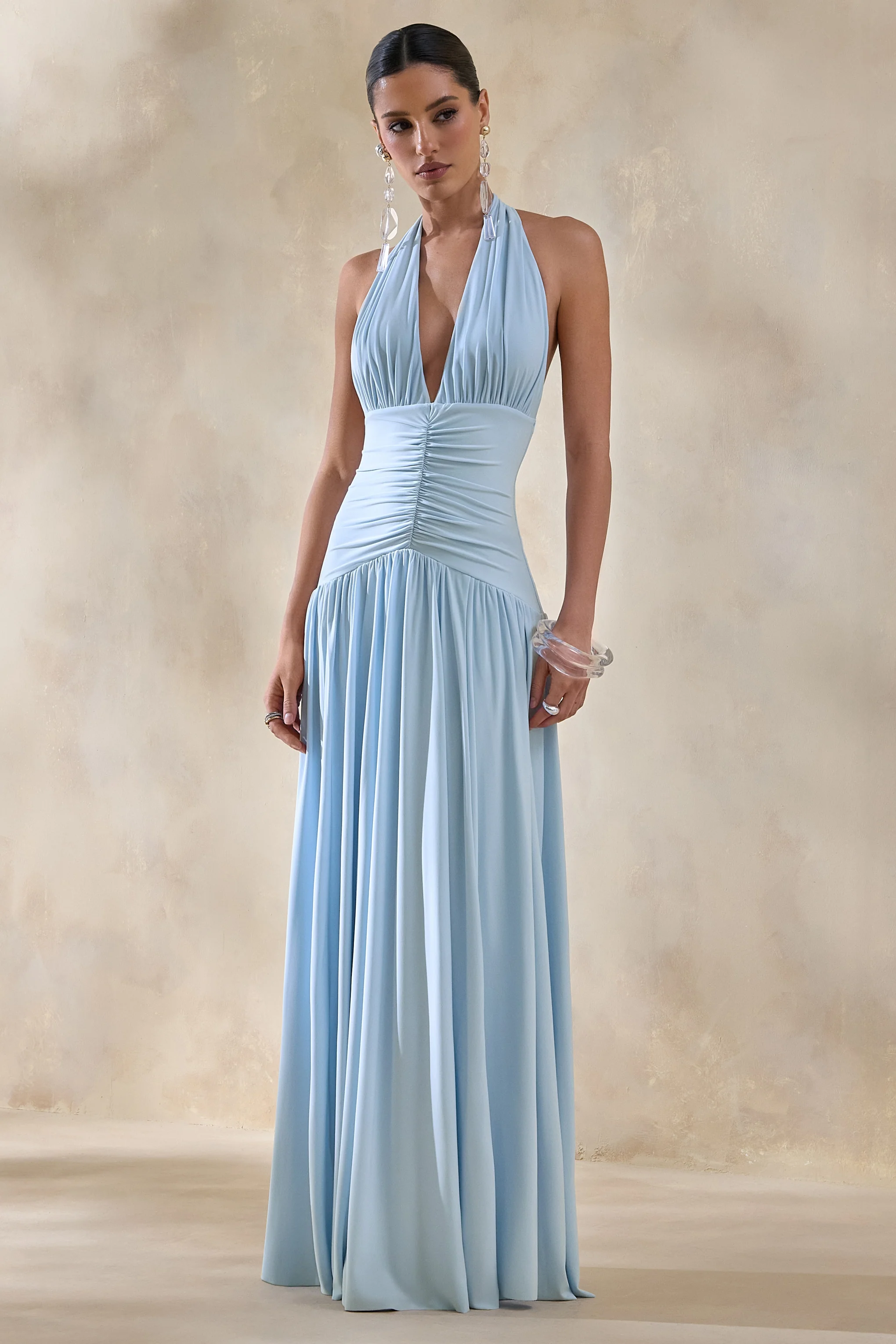 Bettina | Powder-Blue Plunge-Neck Maxi Dress With Gathered-Detailing - Image 3
