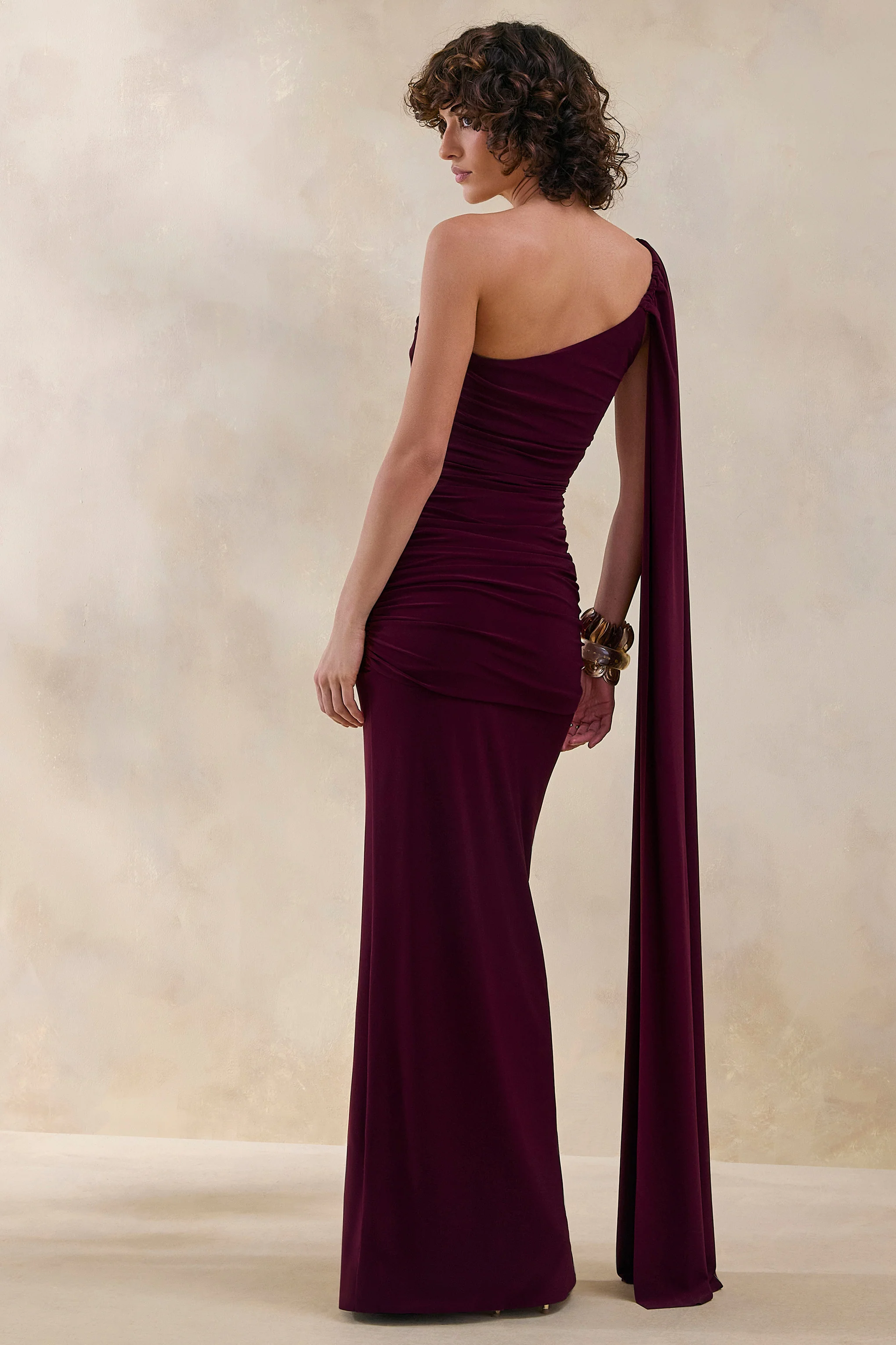 Bettine | Burgundy Asymmetric-Neck Maxi Dress With Cape-Sleeve - Image 2