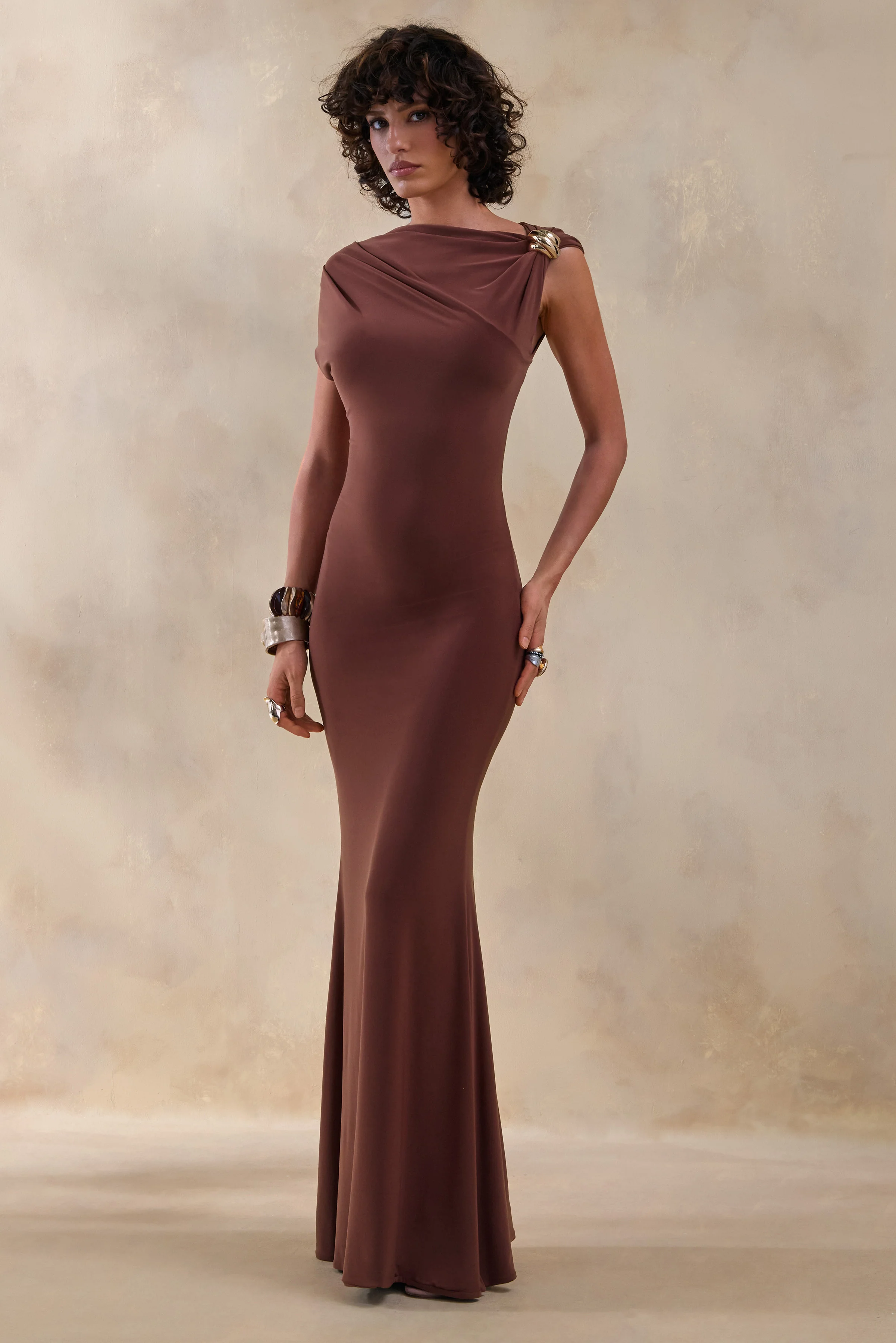 Blaire | Brown Asymmetric-Neck Maxi Dress With Gold-Detailing