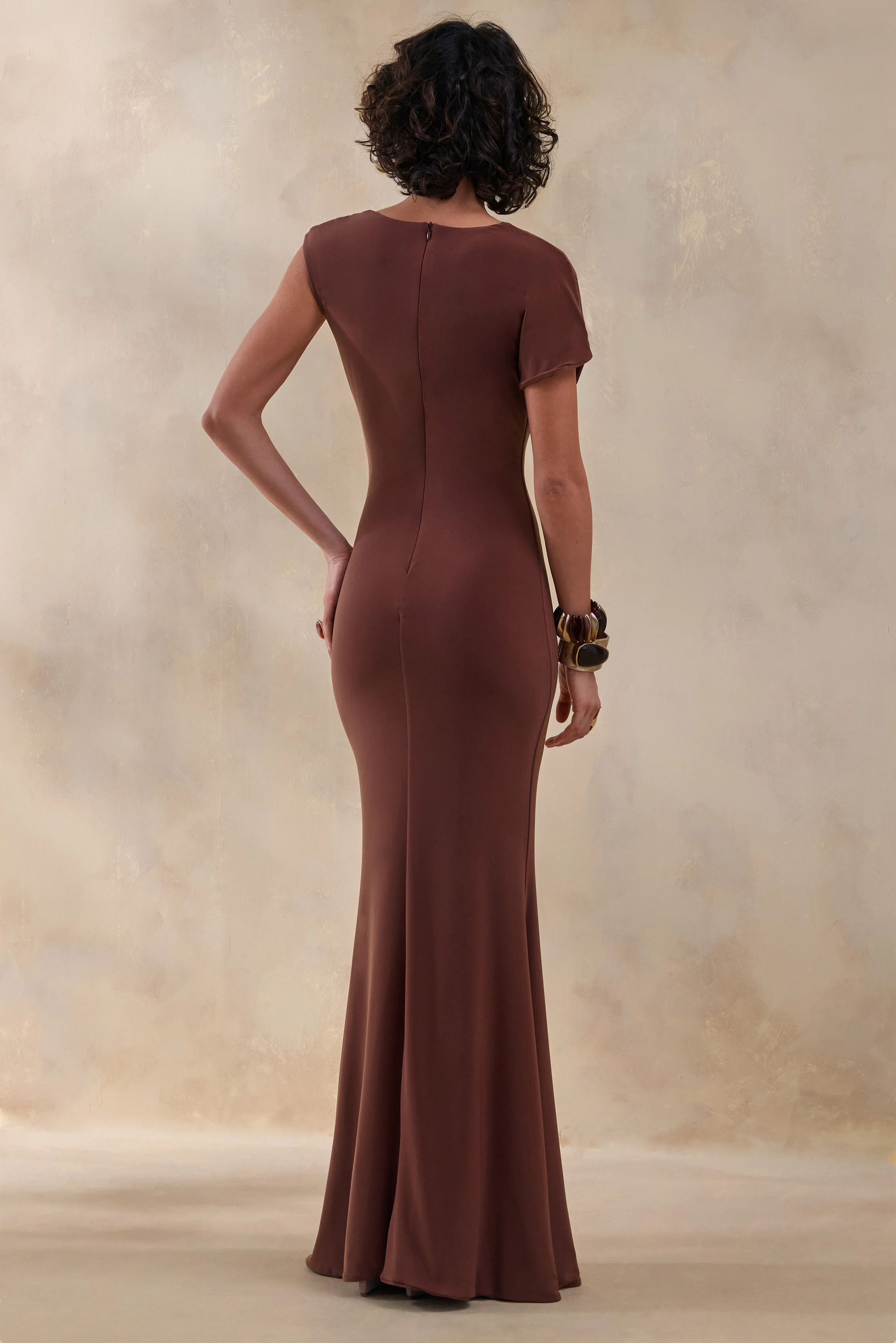 Blaire | Brown Asymmetric-Neck Maxi Dress With Gold-Detailing - Image 2