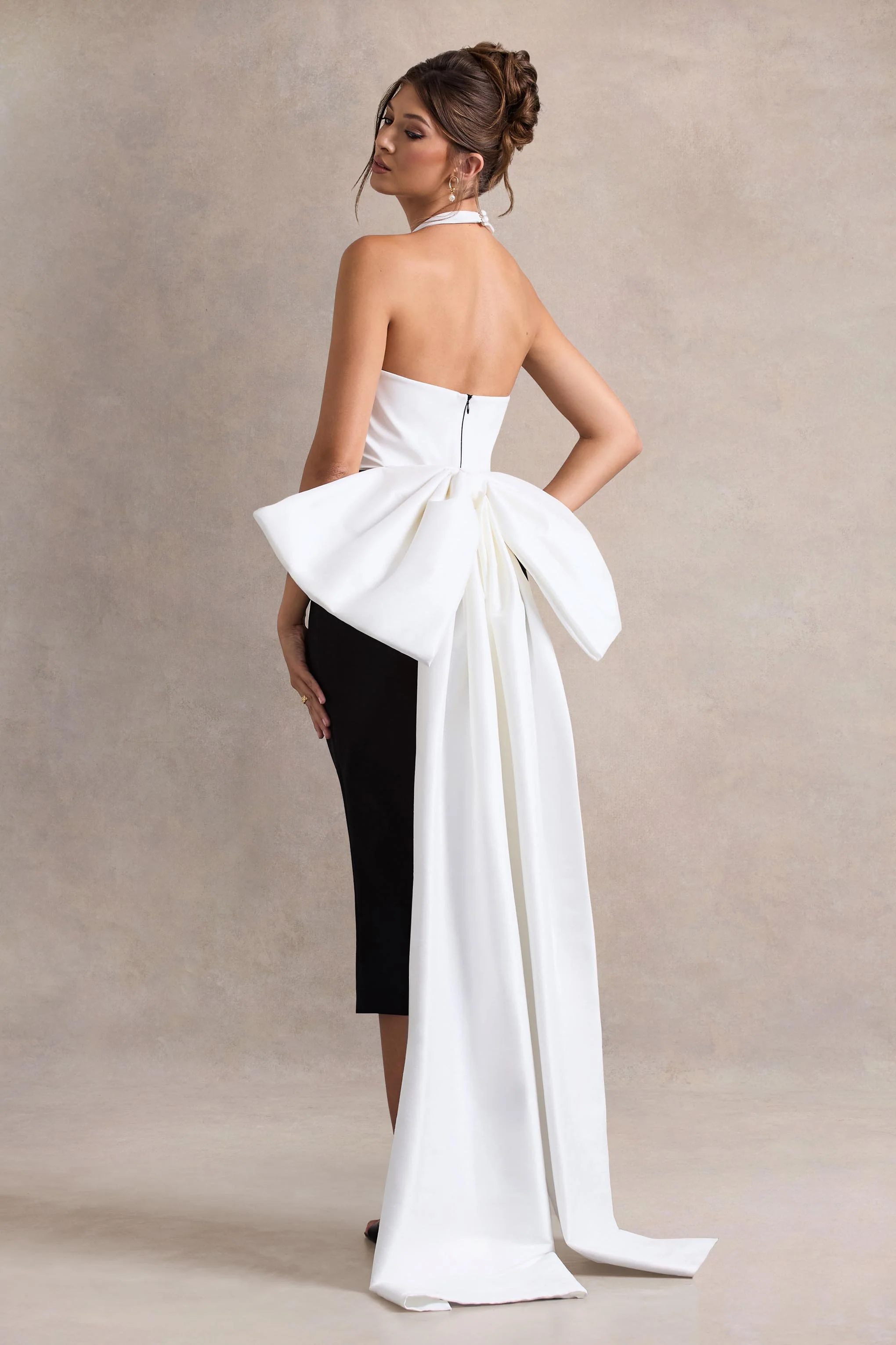 Blanca | Black & White Halter-Neck Cut-Out Midi Dress With Oversized Bow - Image 5
