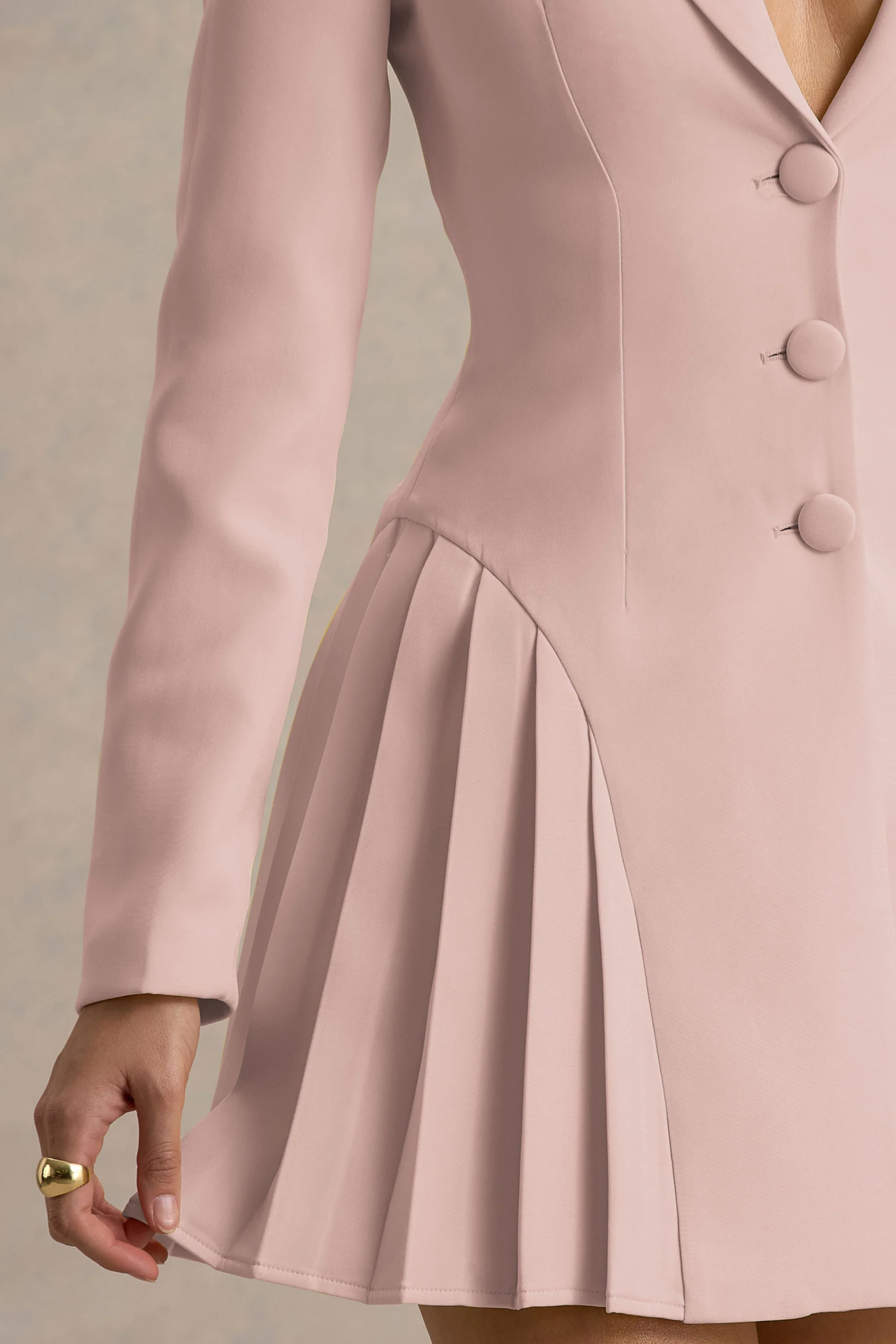 Blossoming | Baby Pink Plunge-Neck Tailored Mini Dress With Pleating - Image 6