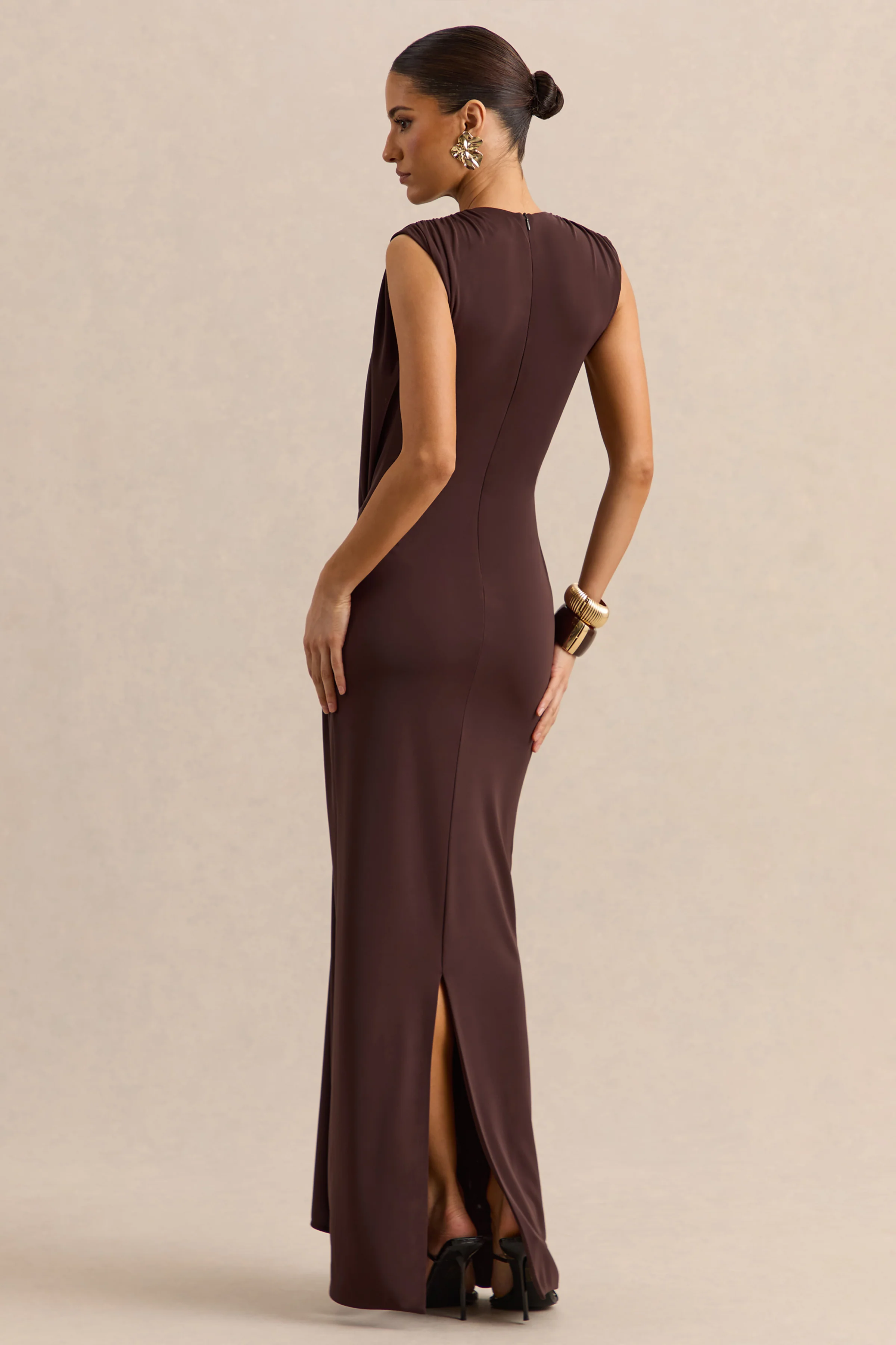 Blythia | Brown Round-Neck Maxi Dress With Gathered-Detailing - Image 2