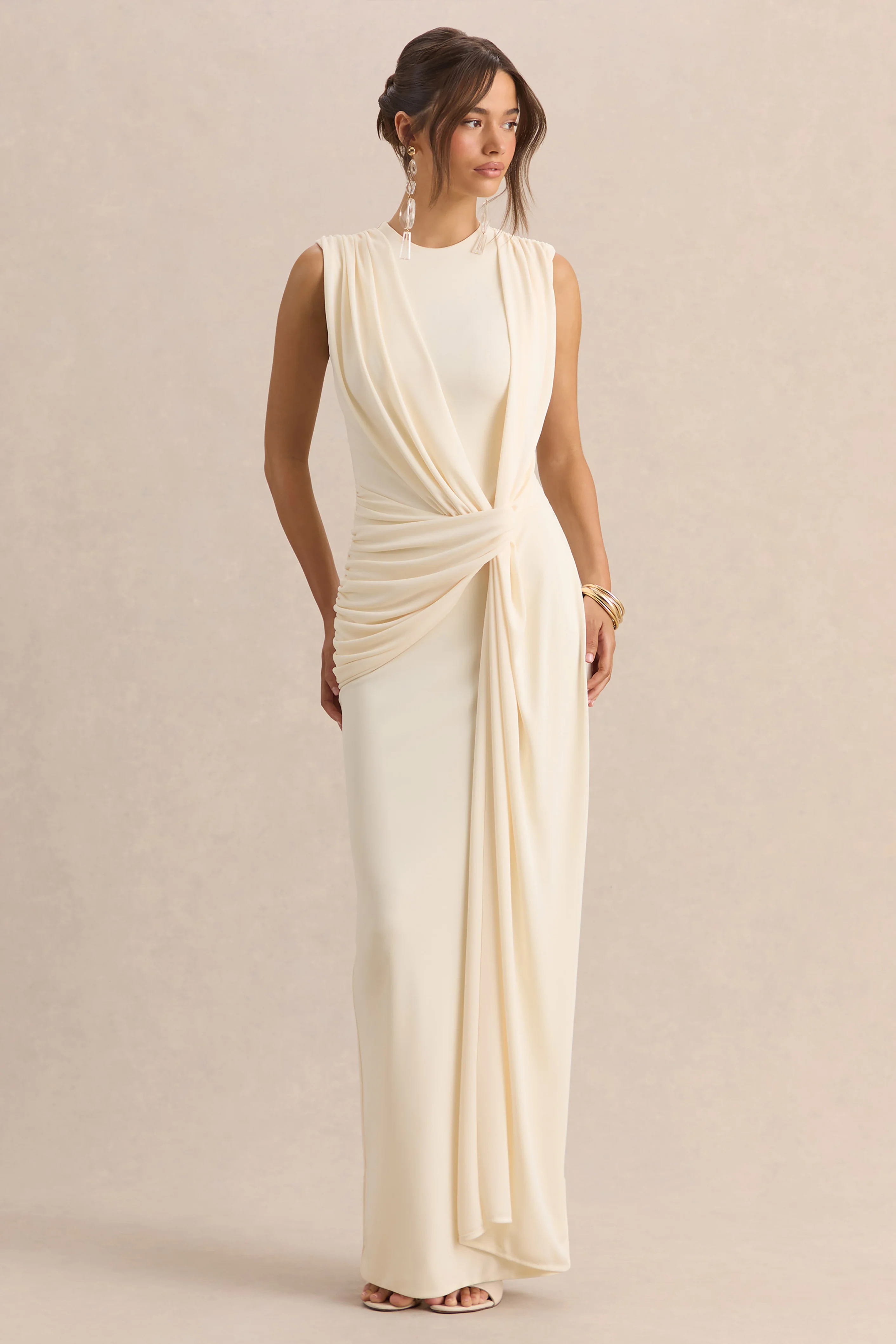 Blythia | Cream Round-Neck Maxi Dress With Gathered-Detailing