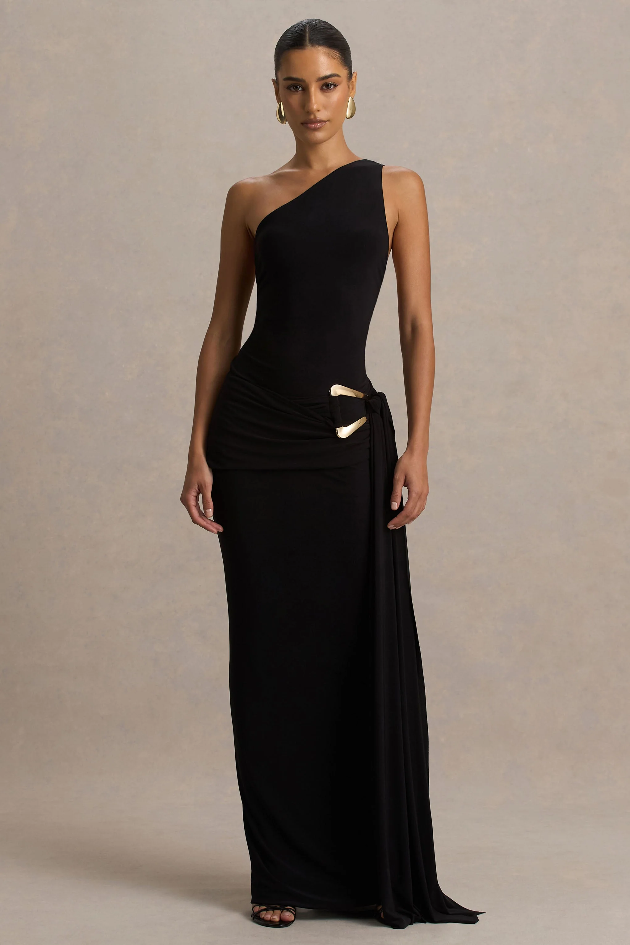 Bonnie | Black Asymmetric-Neck Maxi Dress With Open-Back - Image 4