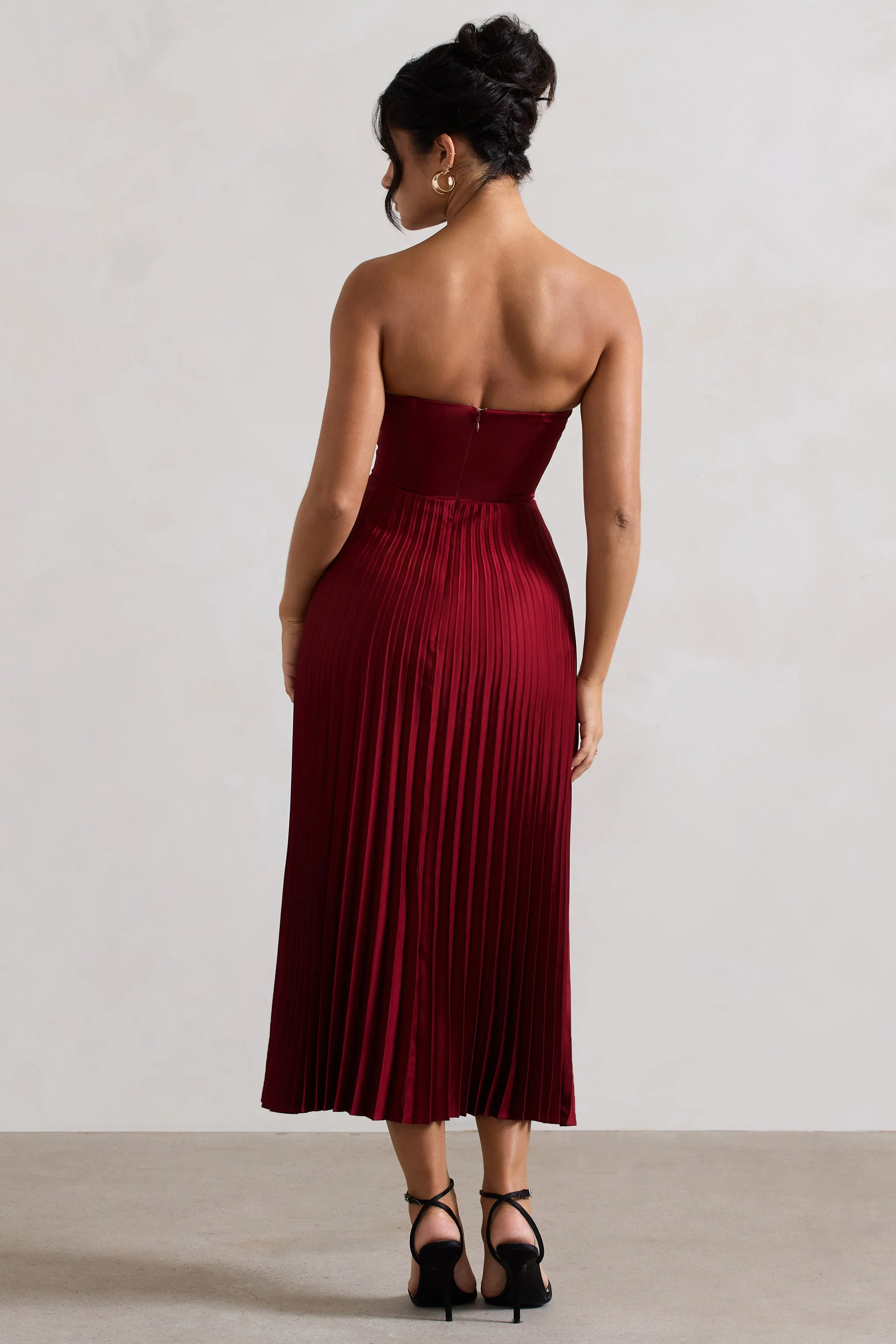 Bordeaux | Berry Satin Corset Style Midi Dress - Image 2