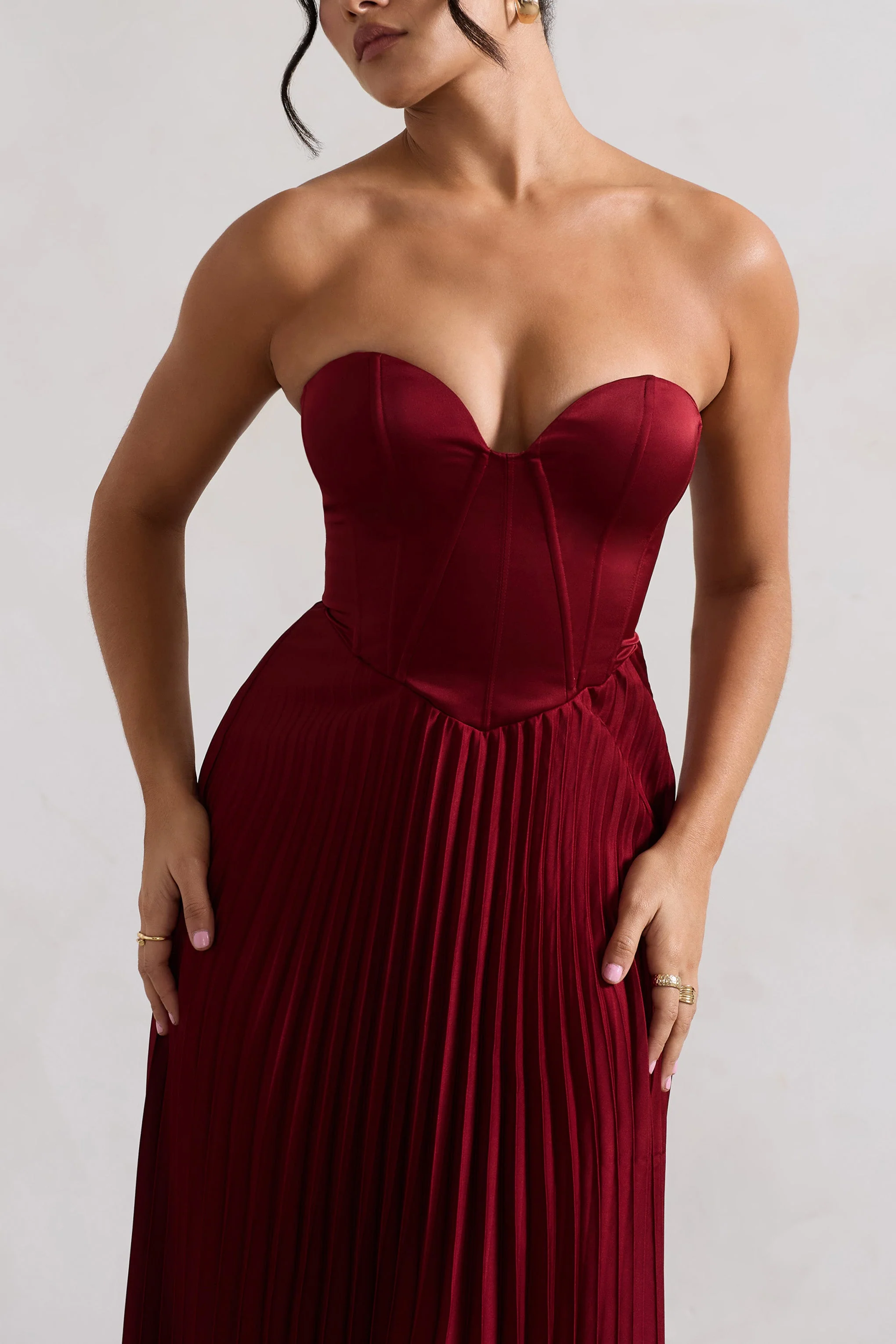 Bordeaux | Berry Satin Corset Style Midi Dress - Image 3